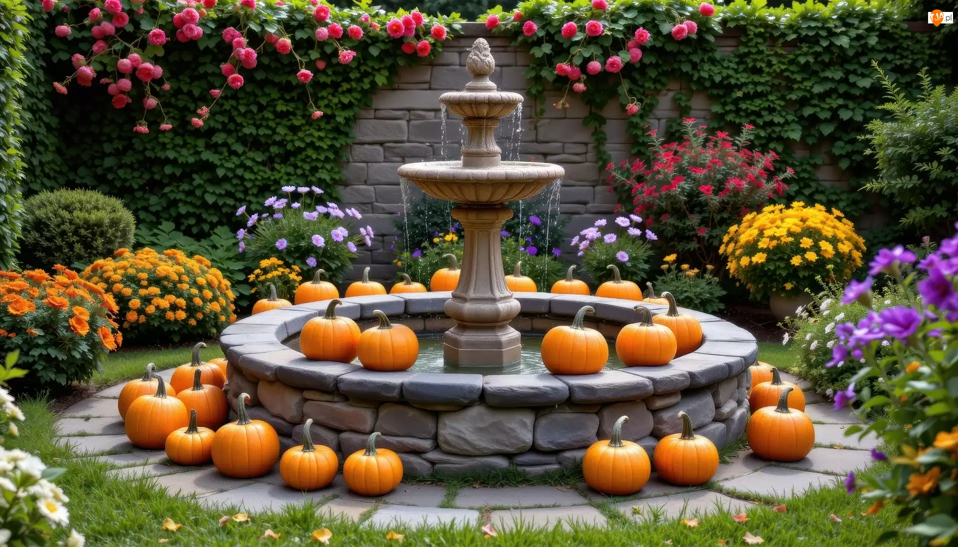 Dynie, Mur, Fontanna, Ogród, Kwiaty