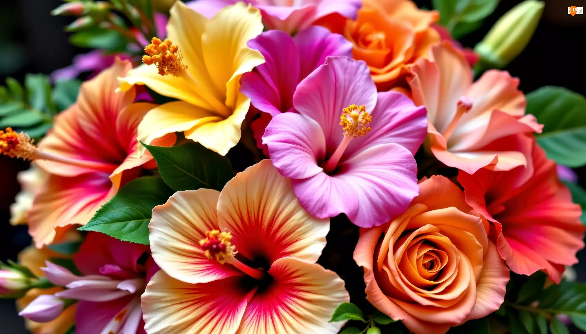 Kwiaty, Grafika AI, Róże, Hibiskusy, Bukiet