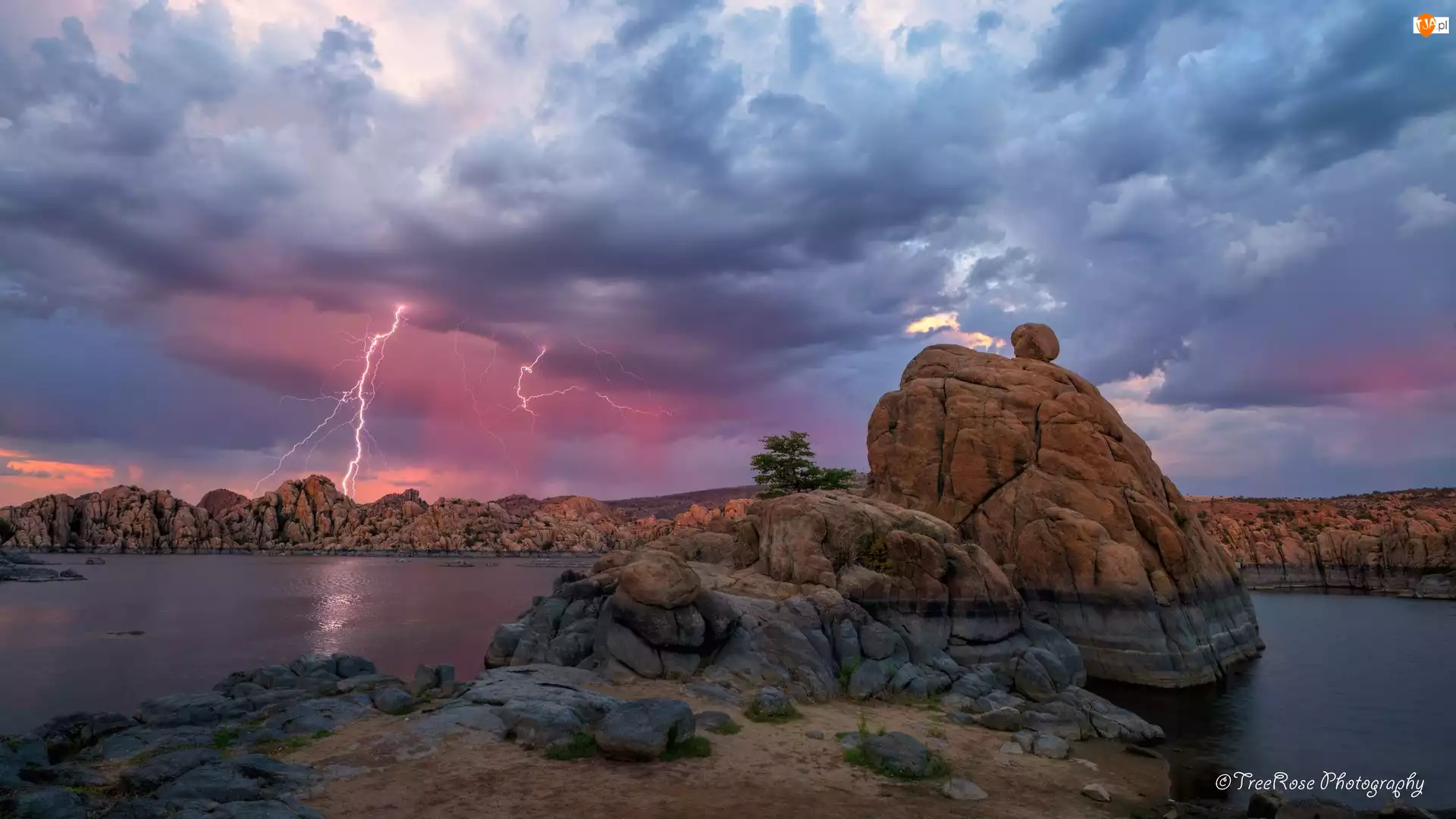 Burza, Stany Zjednoczone, Watson Lake, Chmury, Arizona, Skały, Błyskawice, Jezioro