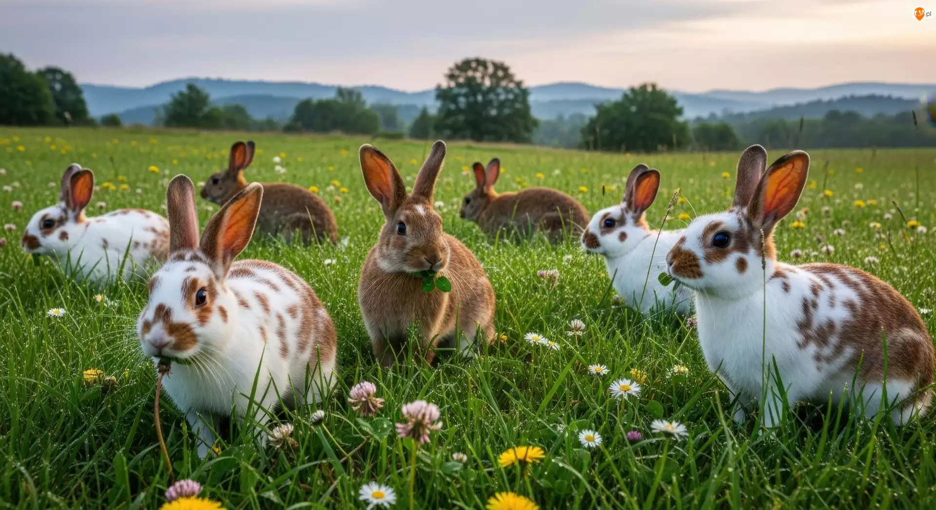 AI, Króliki, Łąka, Kwiaty