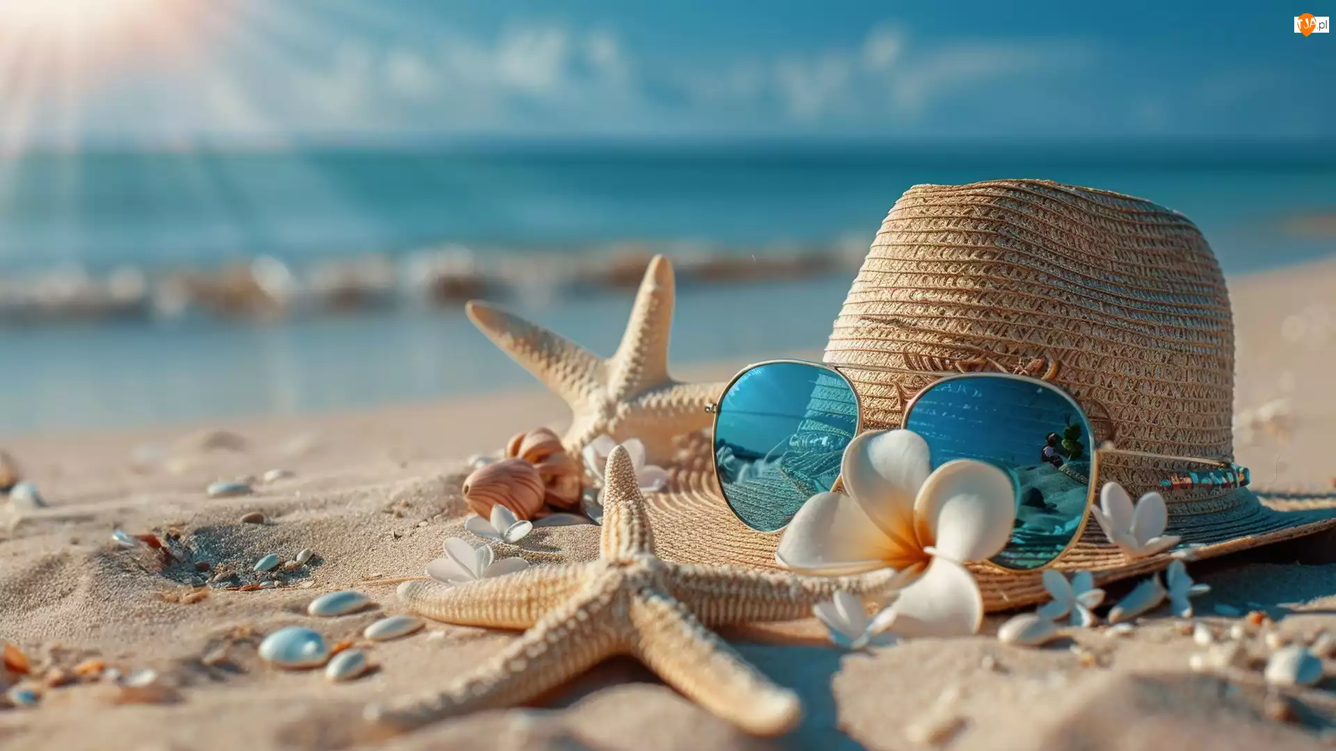 Piasek, Plaża, Okulary, Kwiaty, Kapelusz, Rozgwiazdy