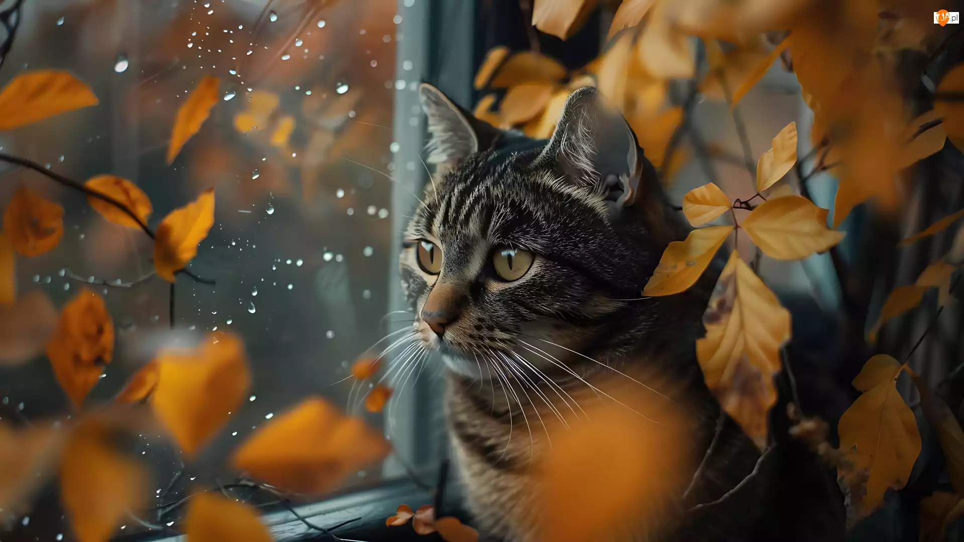 Kot, Bury, Gałązki, Okno, Jesienne, Liście