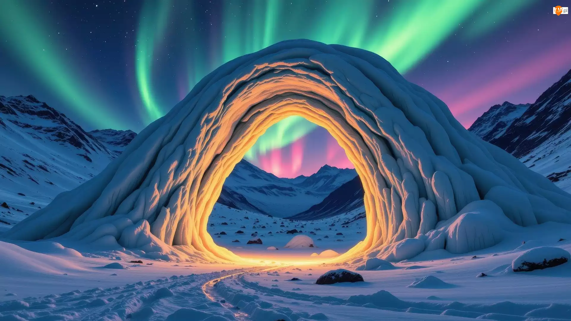 Śnieżny, Zima, Góry, Grafika, Łuk, Zorza polarna