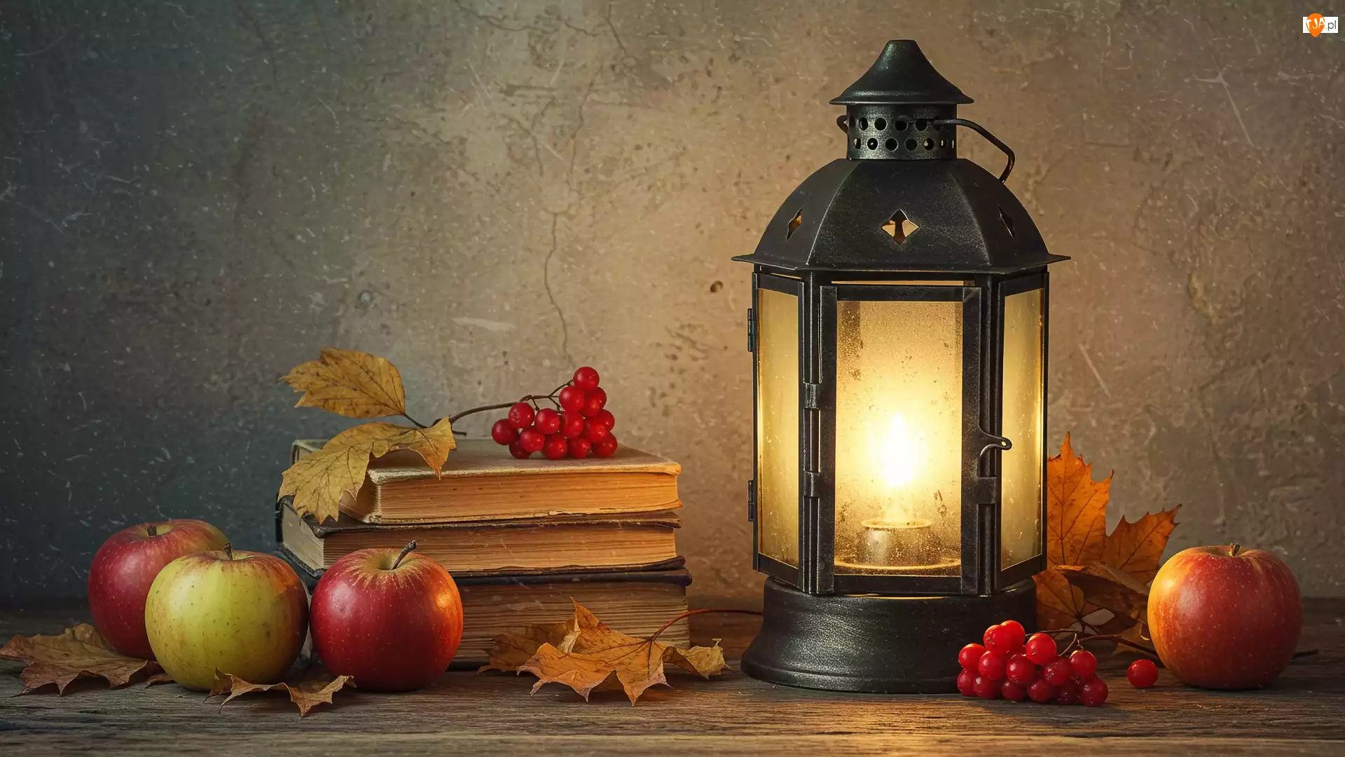 Jagody, Kompozycja, Jabłka, Pożółkłe, Lampion, Czerwone, Liście, Książki