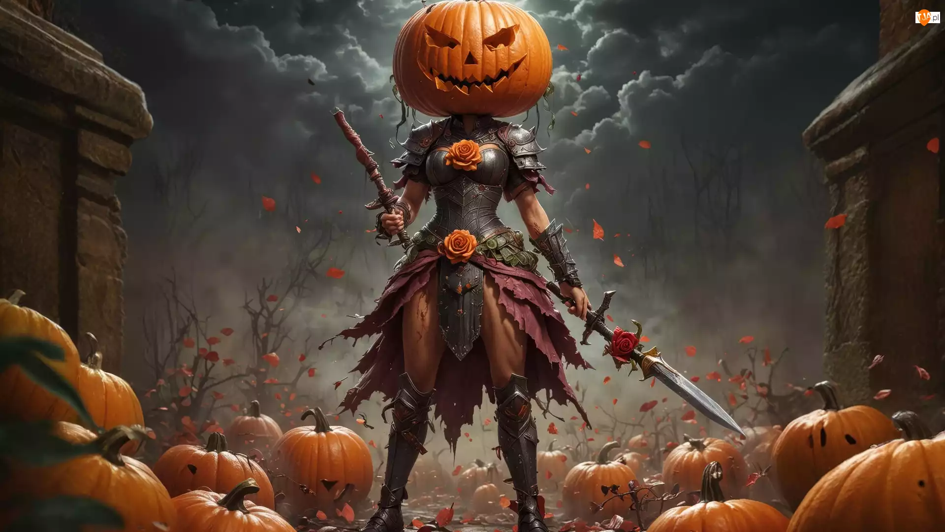 Halloween, Dynie, Mury, Grafika, Miecz, Zbroja, Postać