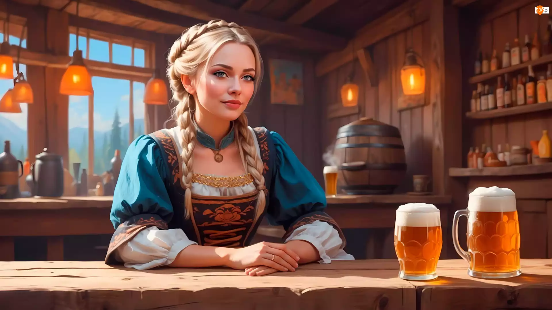 Blondynka, Warkocze, AI, Kobieta, Kufle, Piwo, Karczma