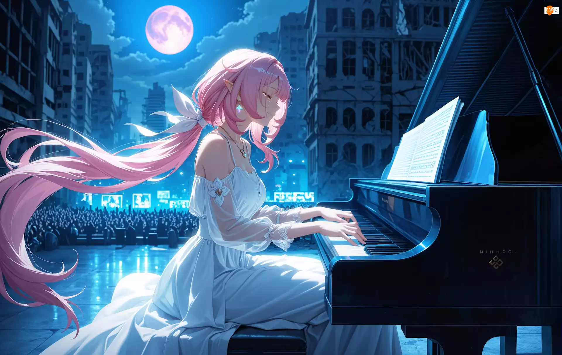 Anime, Dziewczyna, Fortepian, Księżyc