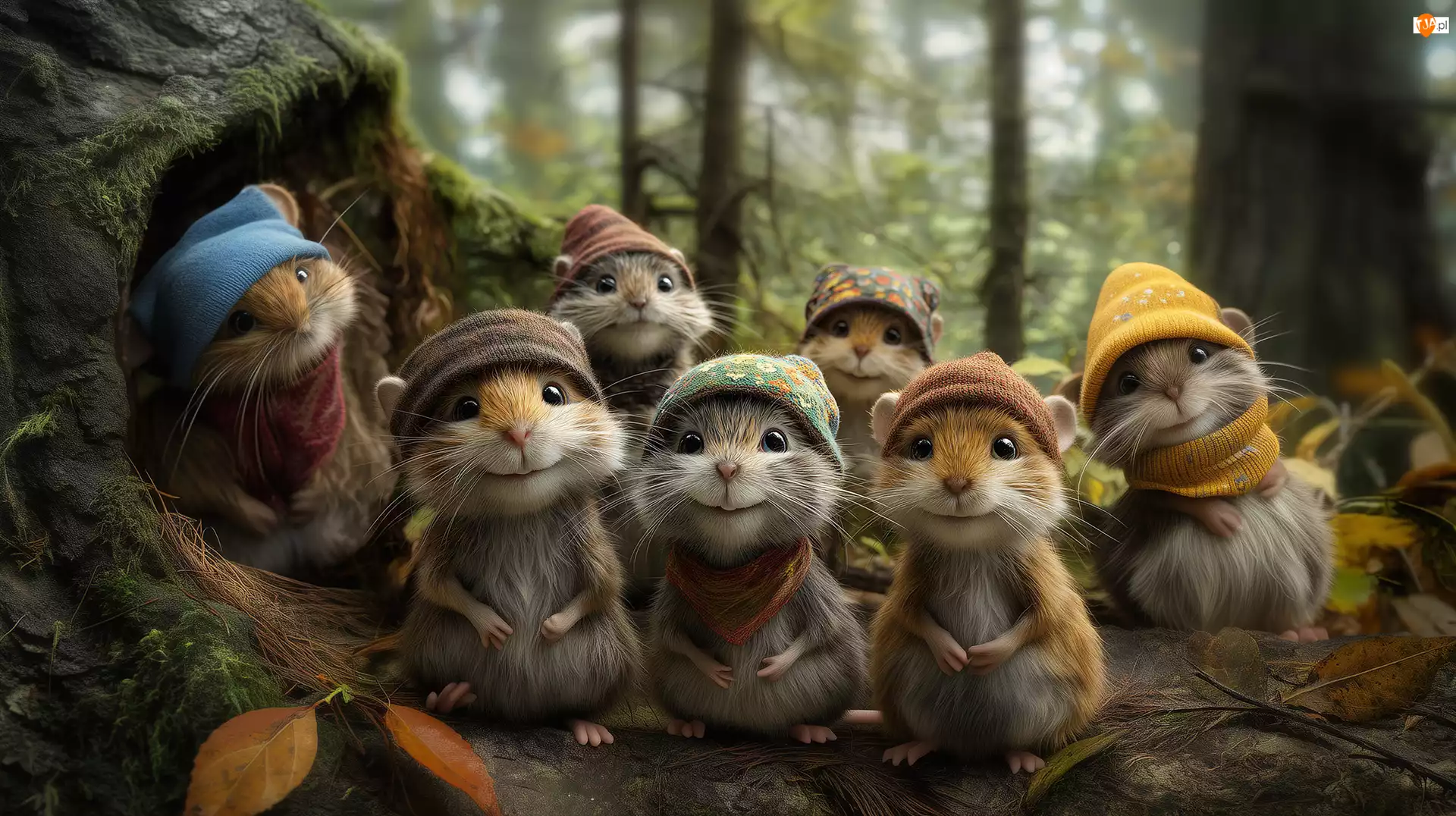 Las, Grafika AI, Czapki, Myszki, Selfie