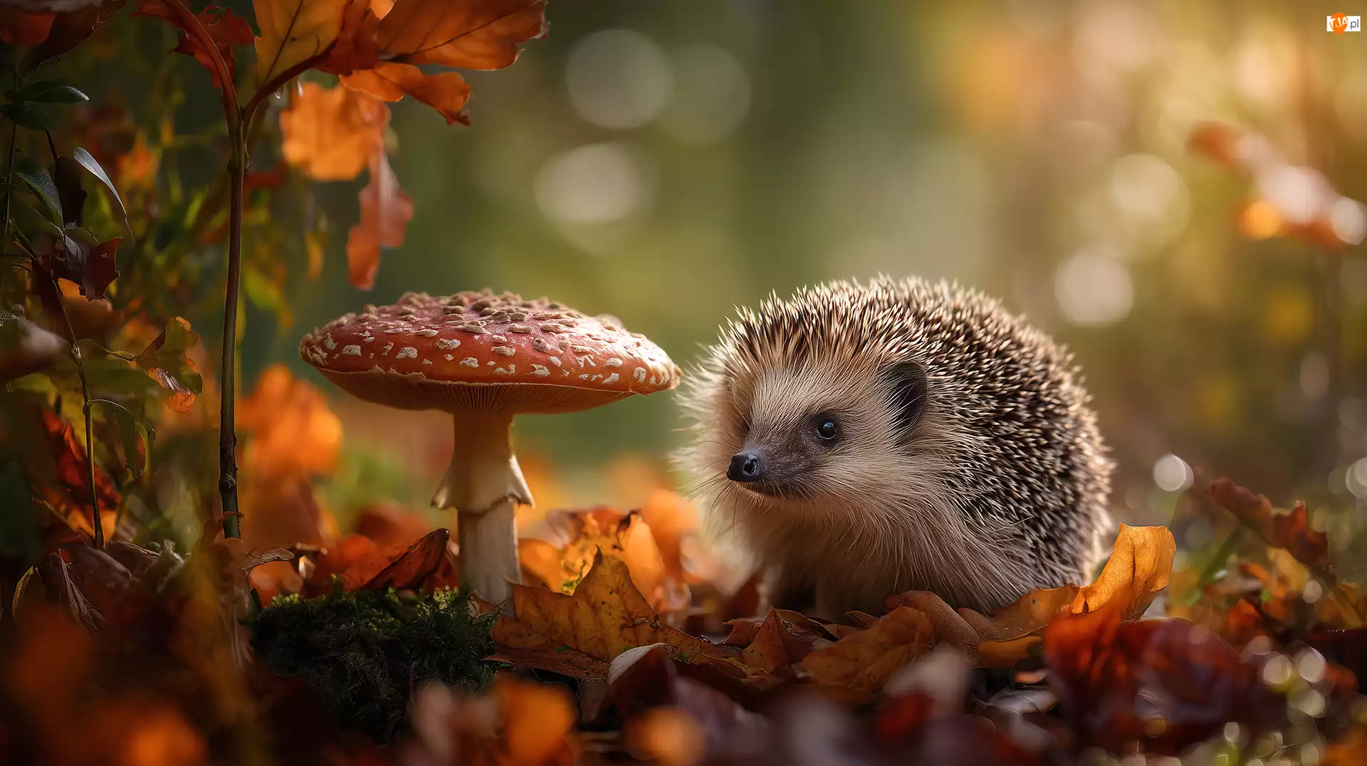 Jesienne, Jeż, Grzyb, Liście, Muchomor, Suche, Grafika AI, Czerwony