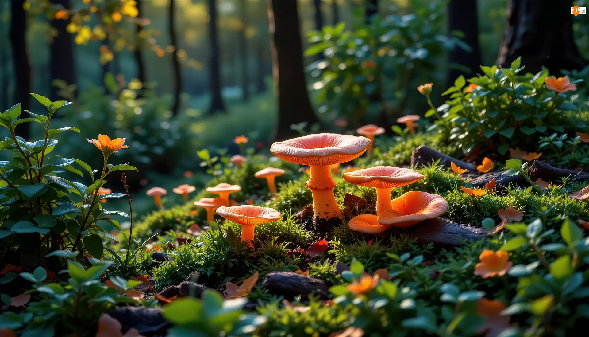 Grafika AI, Pomarańczowe, Grzyby, Ściółka