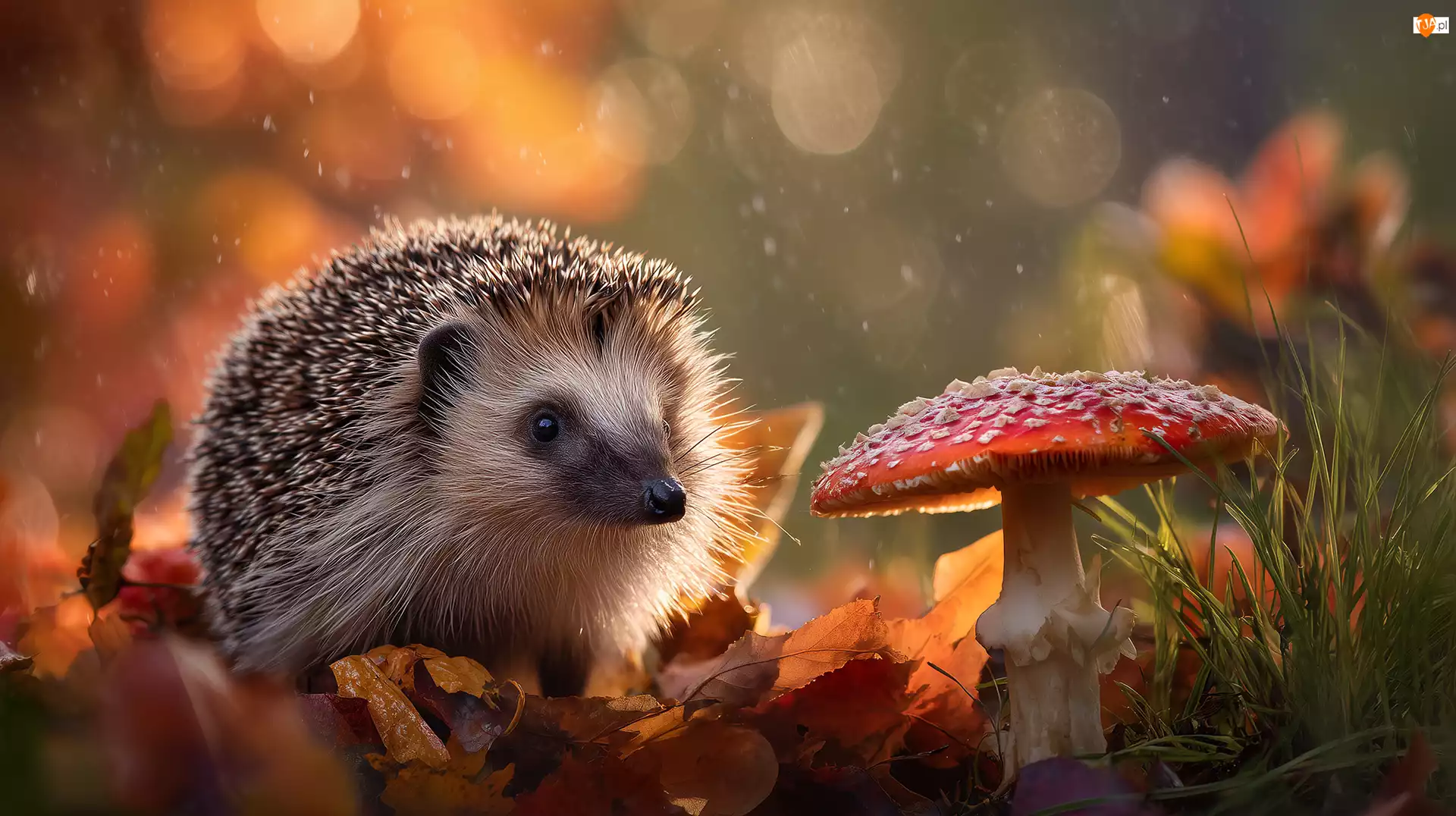 Muchomor, Czerwony, Grafika AI, Jeż, Liście, Jesienne, Grzyb