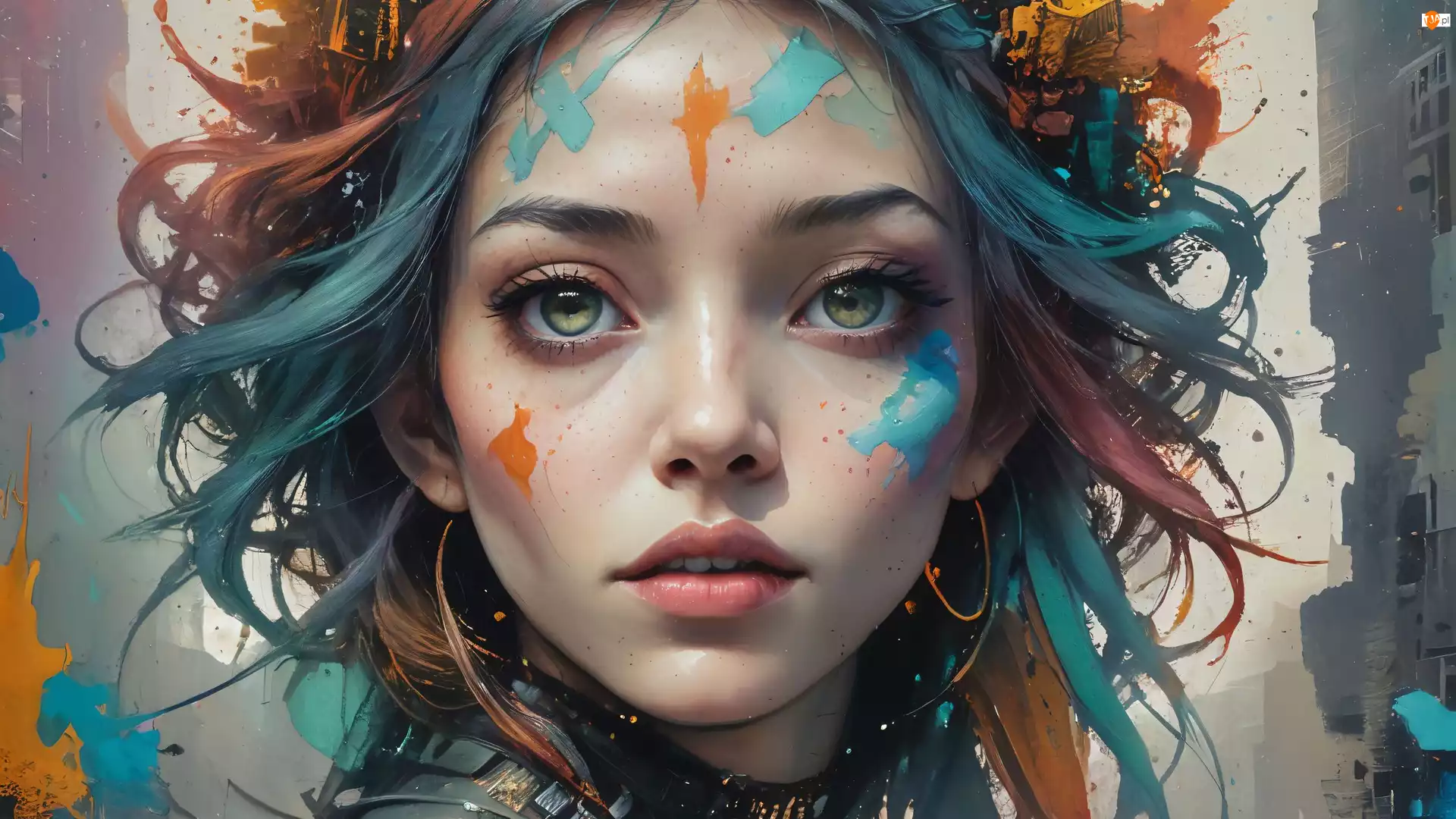 Twarz, Dziewczyna, Włosy, Grafika, Kolorowe, Farba
