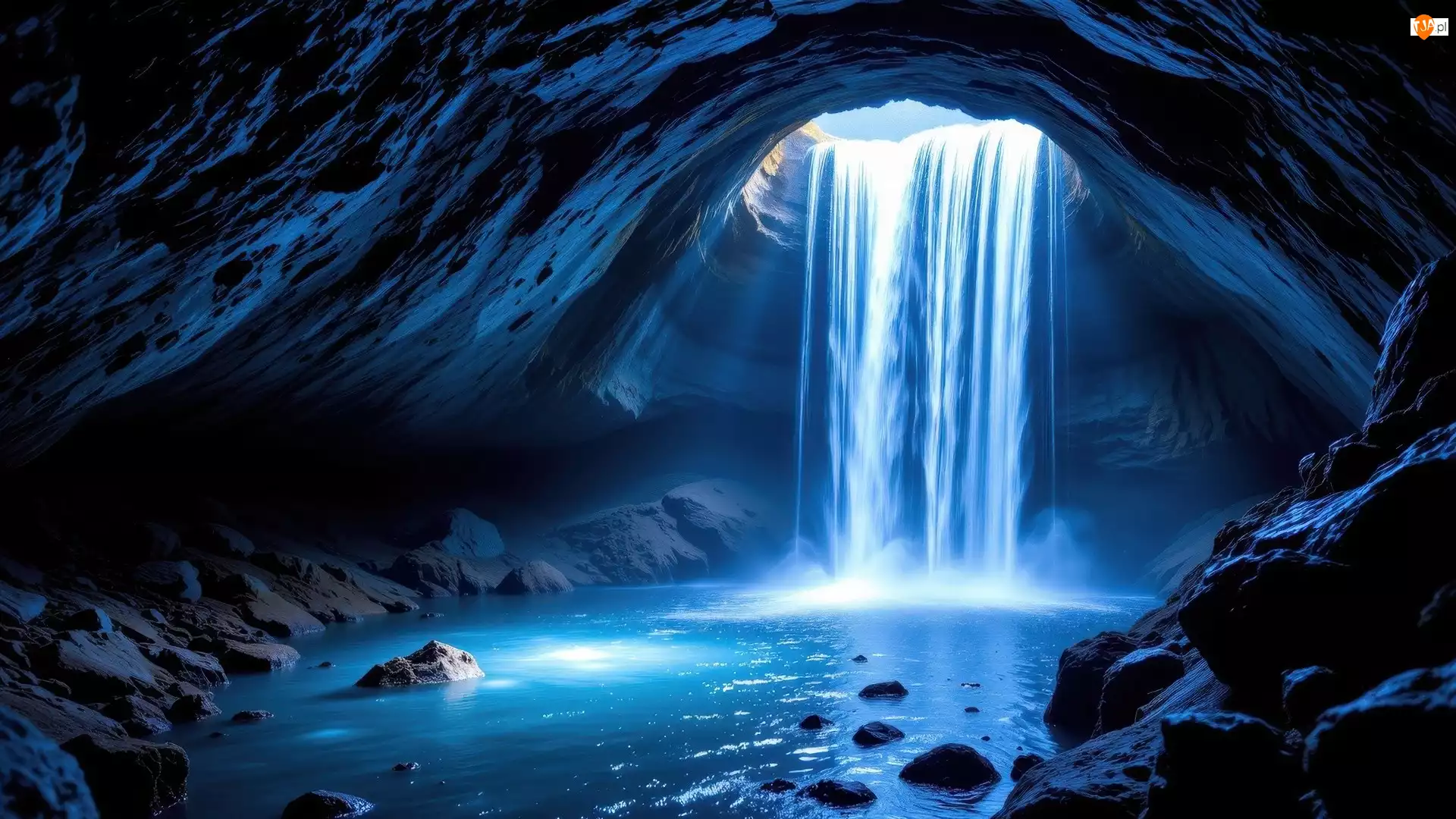Wodospad, AI, Jaskinia, Skały, Rzeka