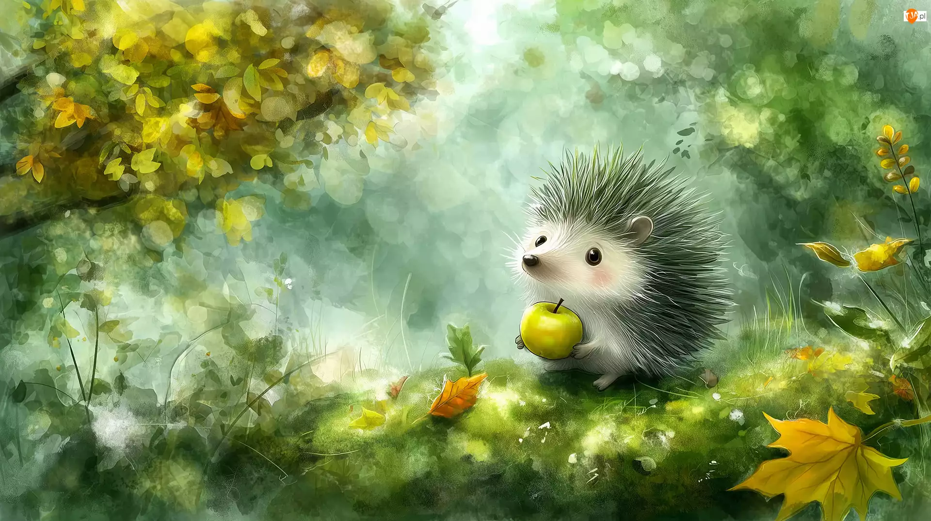Jesienne, Grafika AI, Jabłko, Jeż, Liście