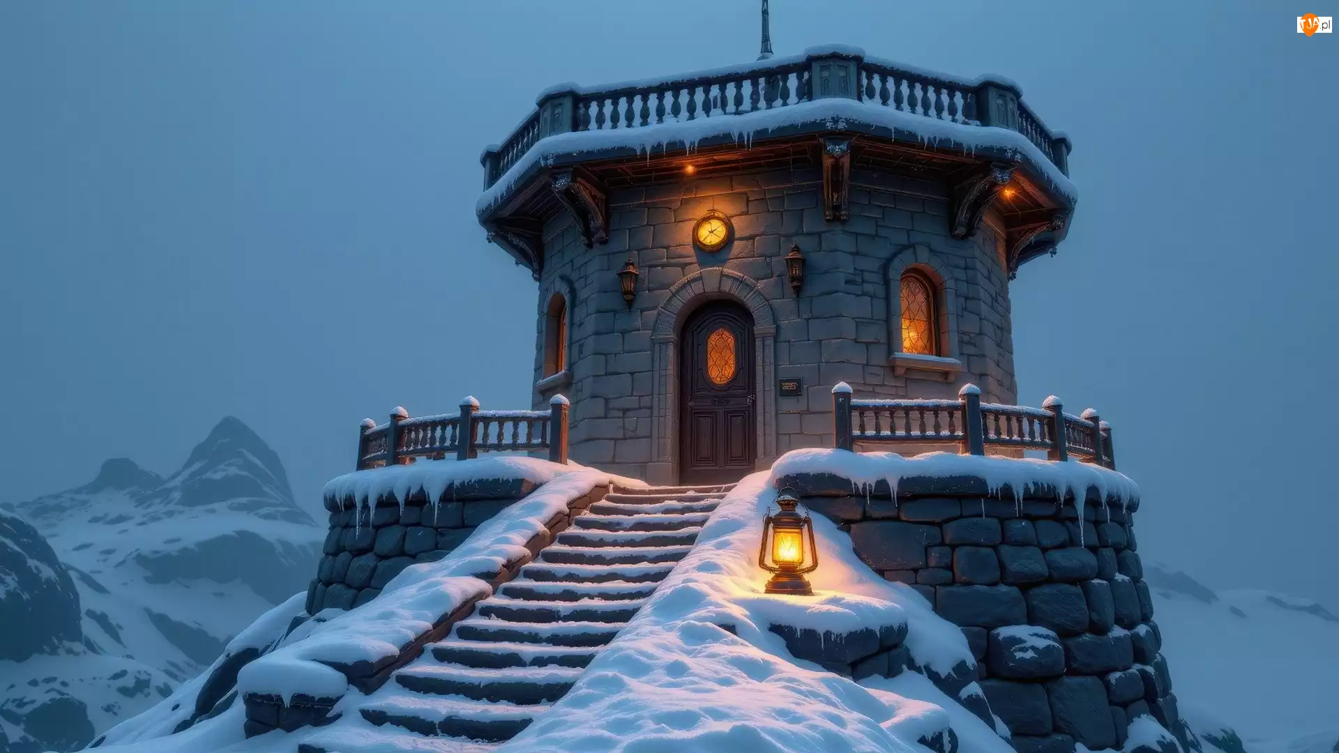 Schody, Lampion, Wieża, Oświetlona, Śnieg