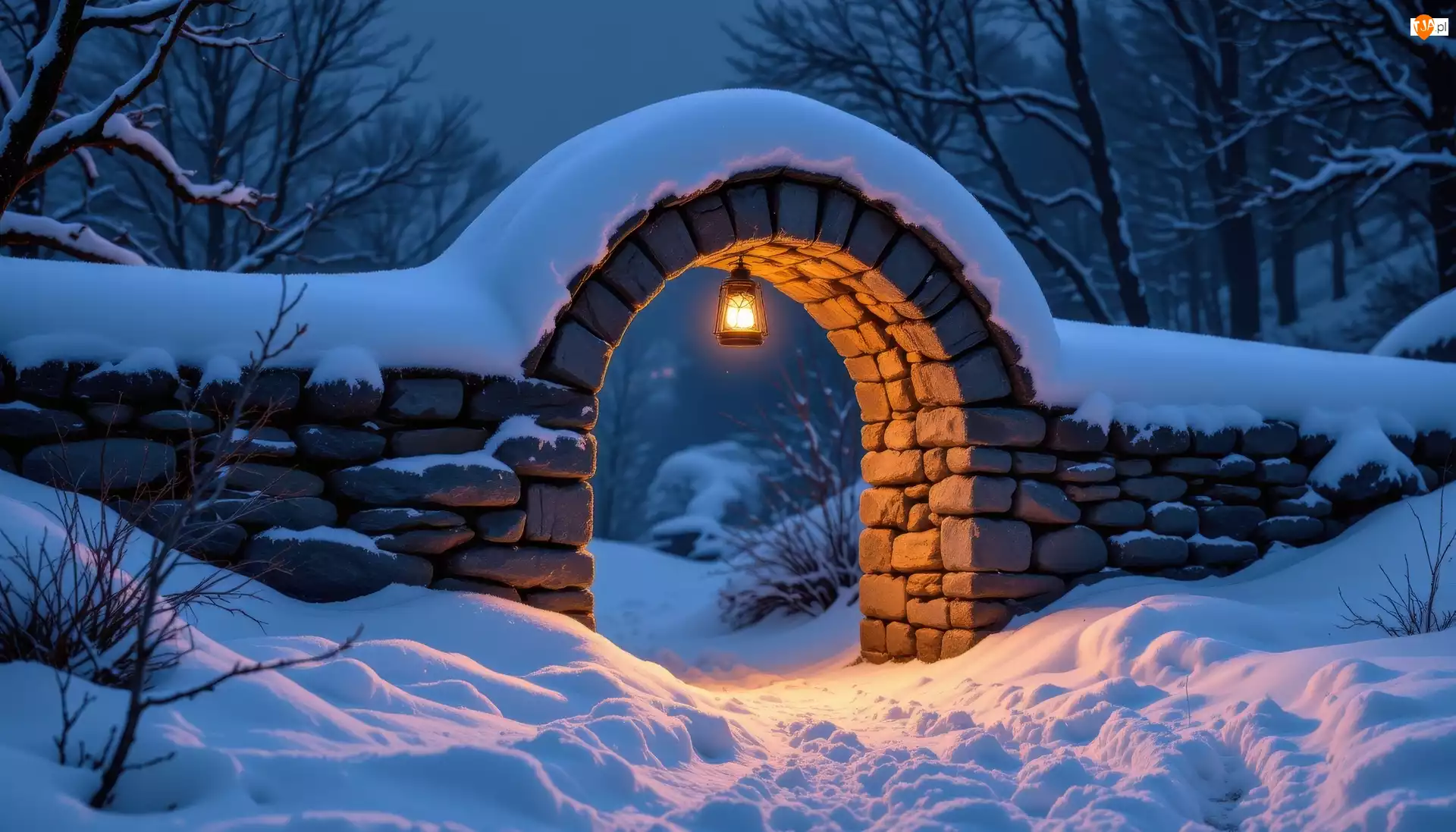 Brama, Łuk, Drzewa, Zima, Śnieg, Lampa, Murek