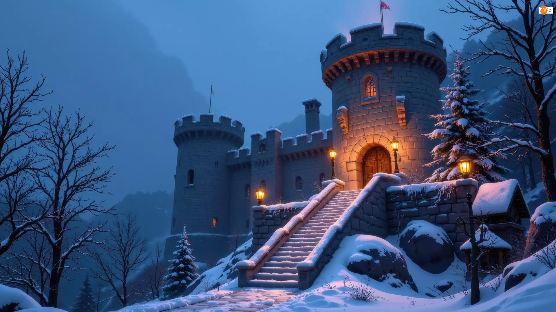 Noc, Zamek, Drzewa, Zima, Latarnie, Rozświetlone, Śnieg