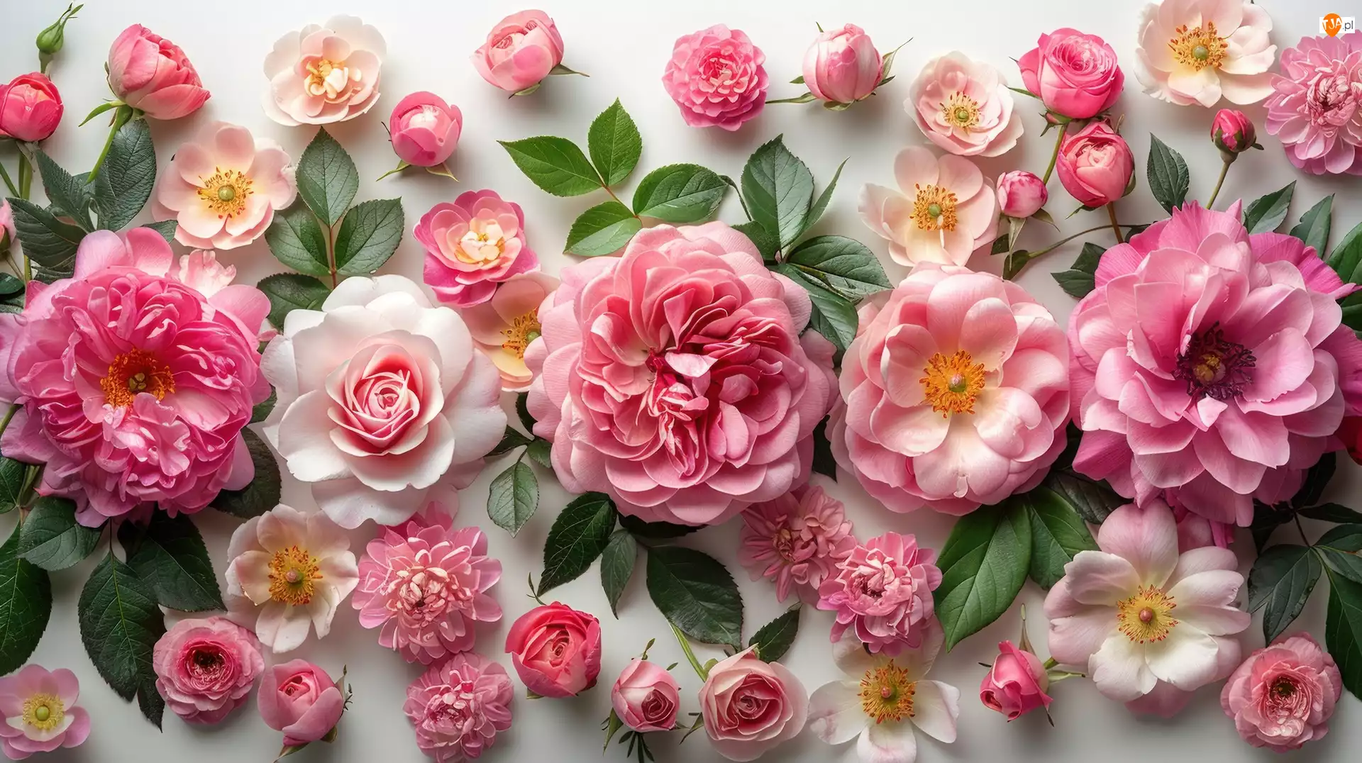 Kwiaty, Listki, Białe, Różowe, Róże