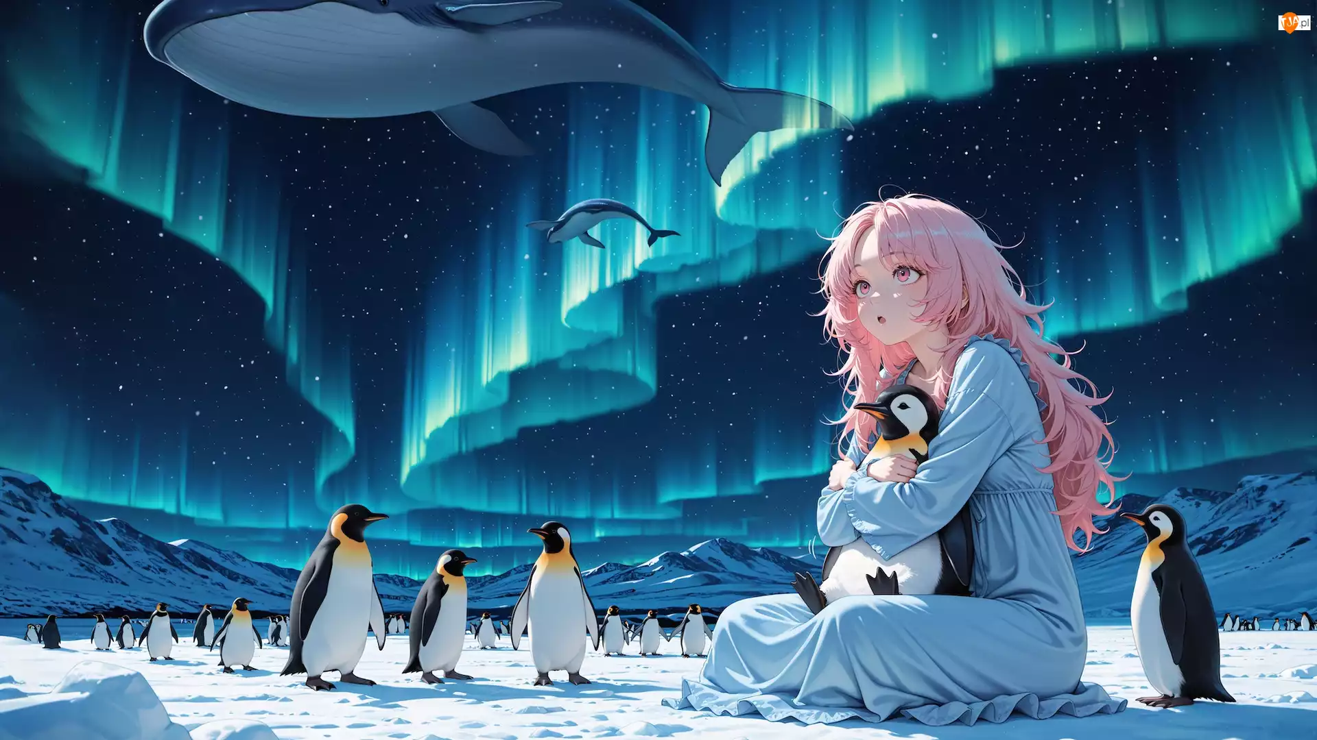 Pingwiny, Anime, Zorza polarna, Dziewczyna, Wieloryby