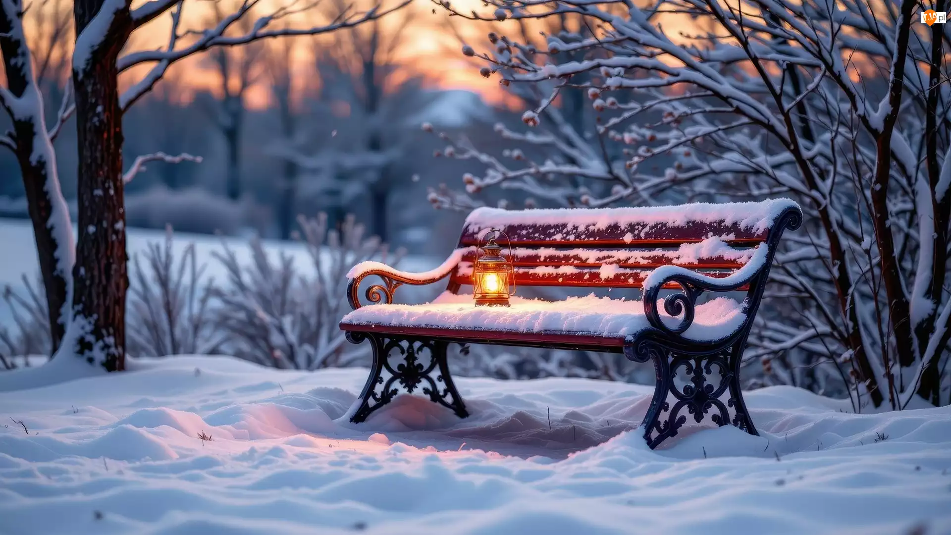 Śnieg, Zima, Ławka, Drzewa, Ośnieżona, Lampion
