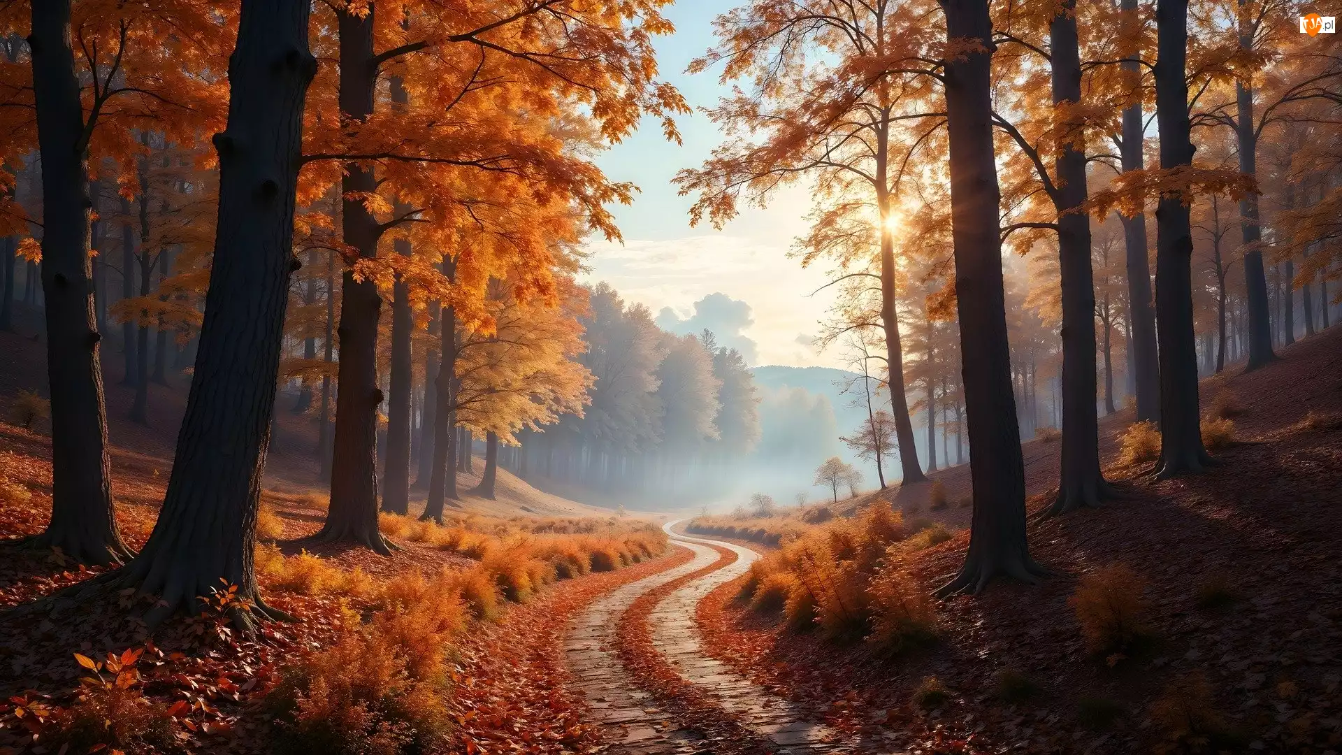 Drzewa, Grafika AI, Las, Jesień, Droga
