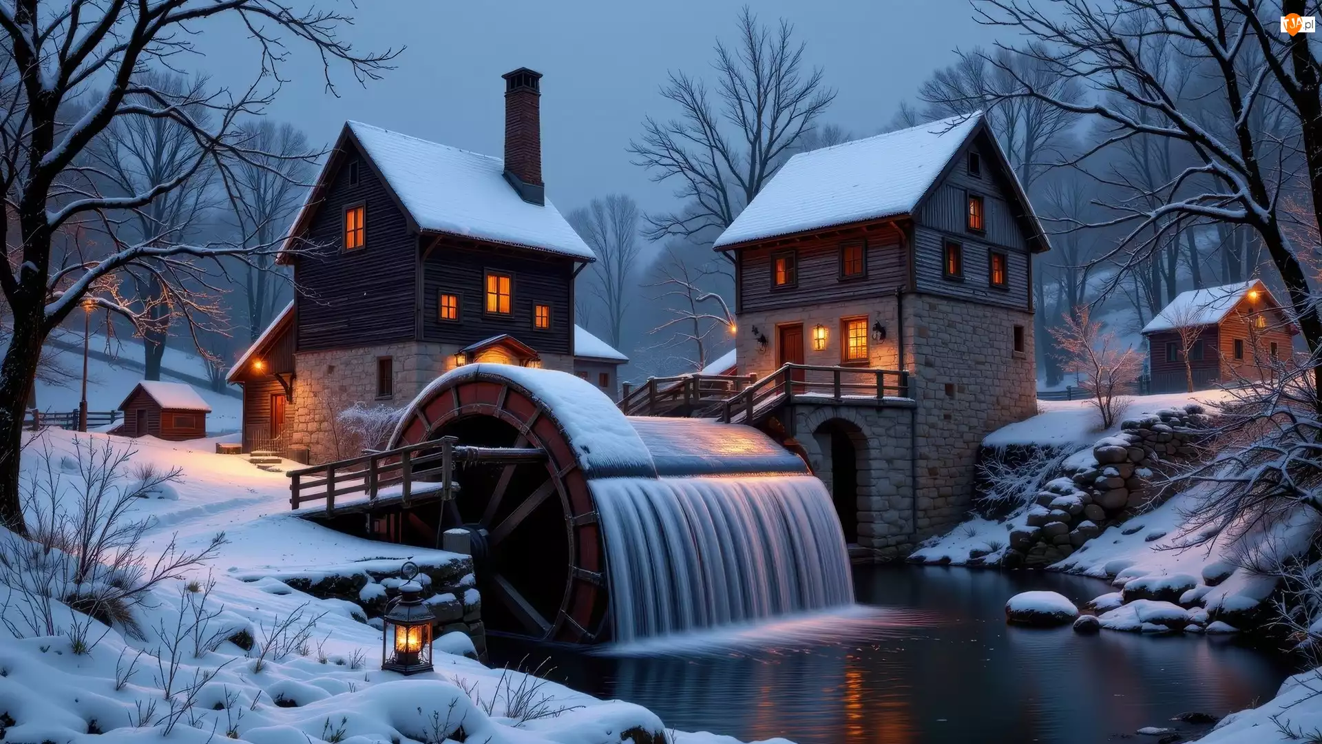 AI, Domy, Drzewa, Oświetlone, Noc, Zima, Wodny, Młyn, Rzeka, Śnieg