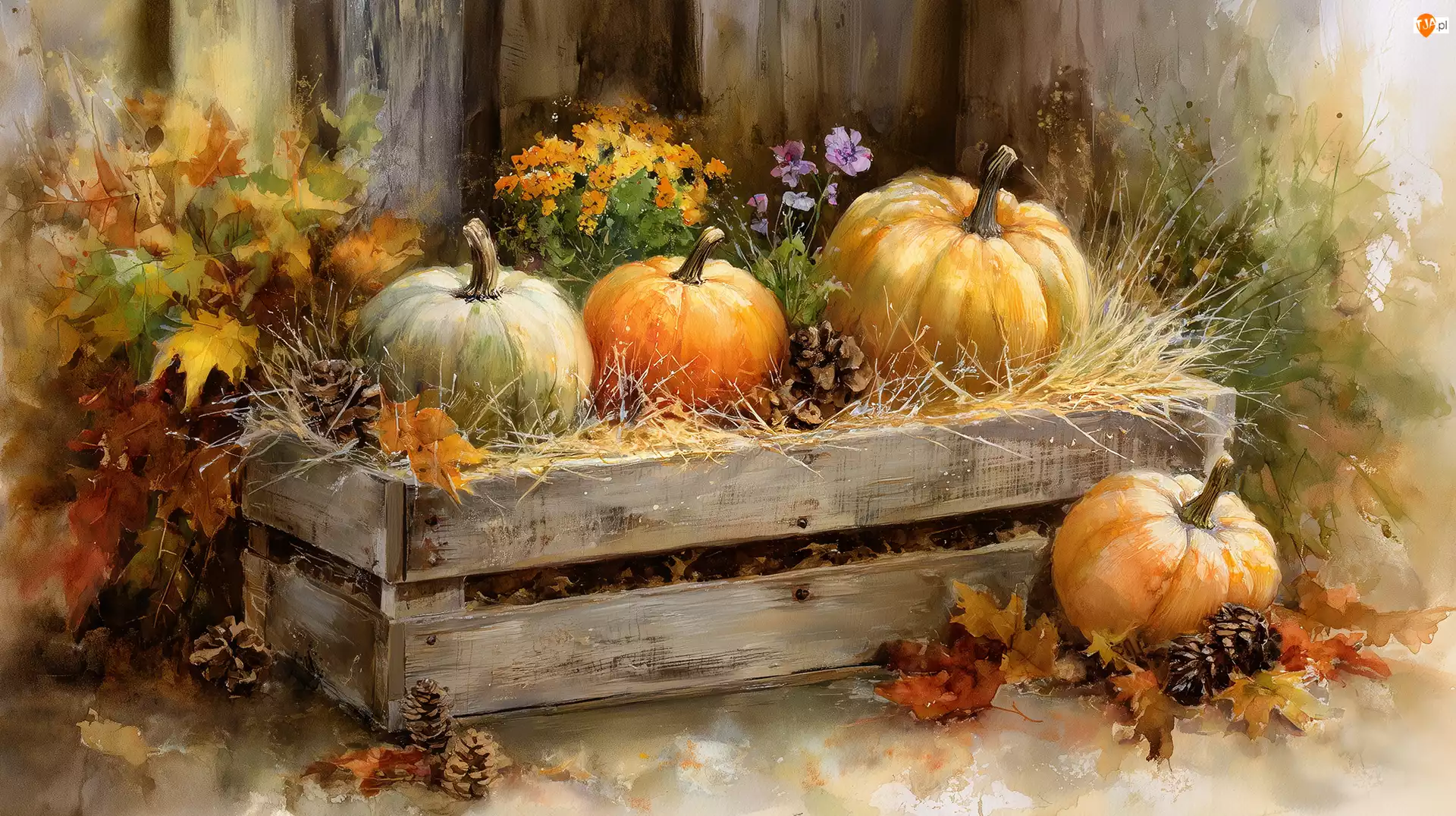 Grafika AI, Dynia, Drewniana, Skrzynia