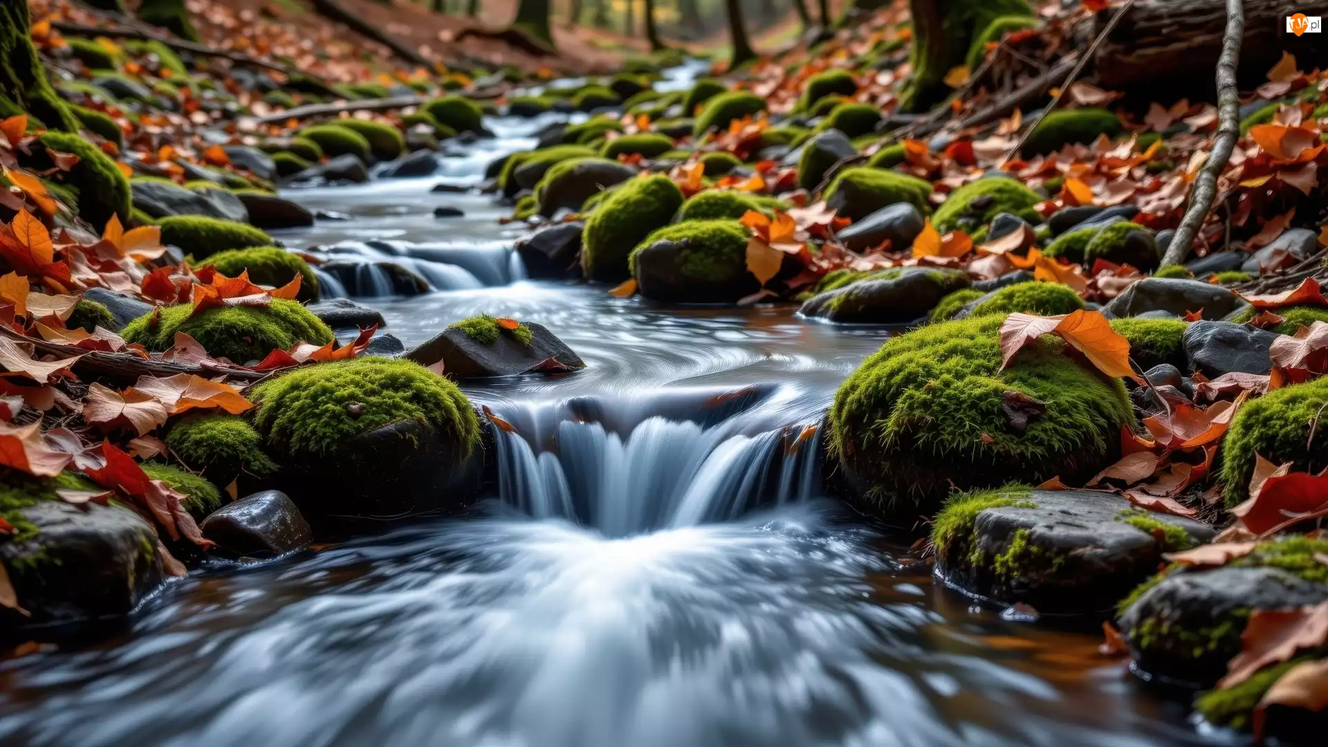 Rzeka, Jesień, Kamienie, Liście, Omszałe, Brązowe