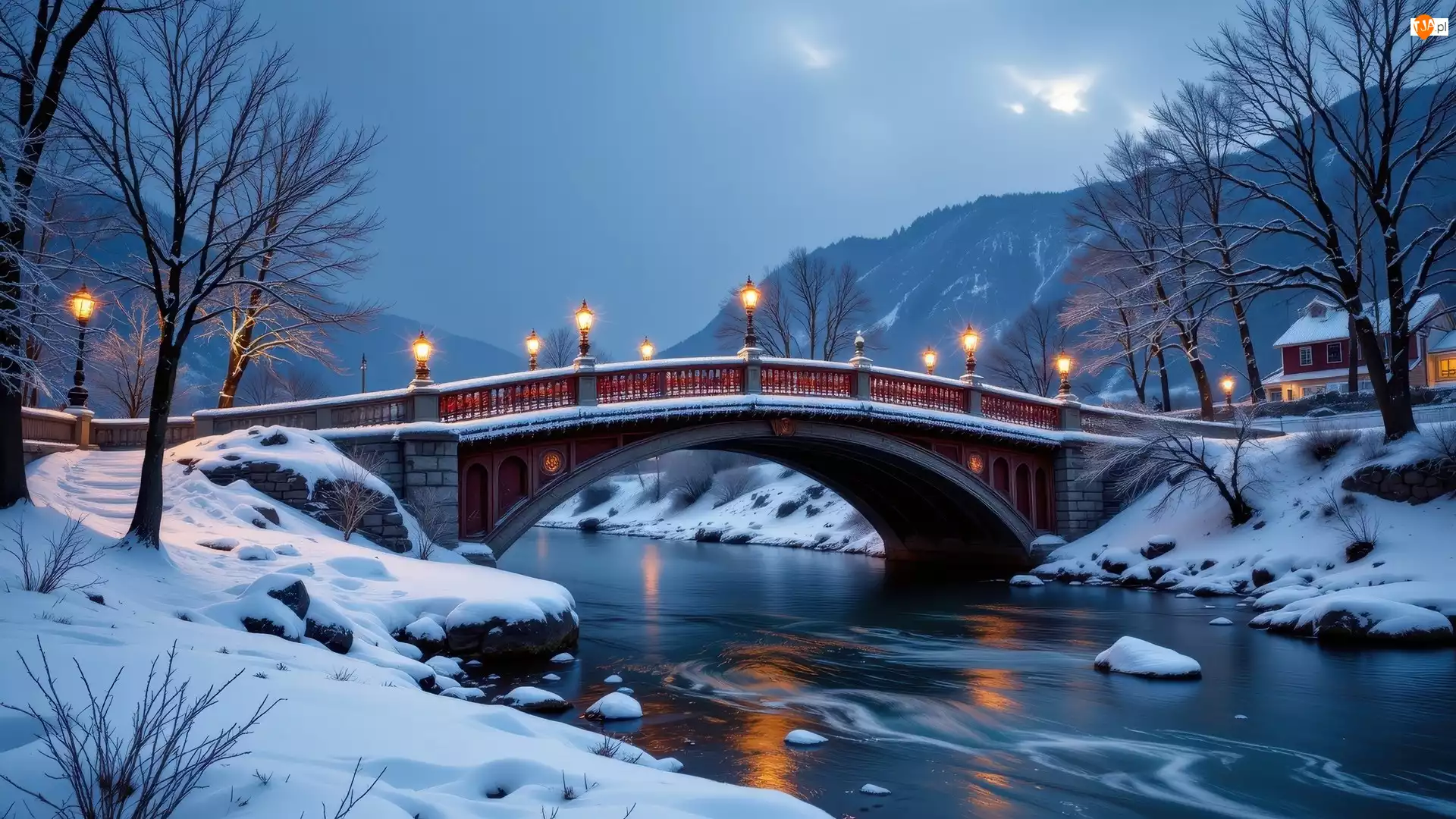 Latarnie, Zima, Rzeka, Dom, Zmrok, Most, Drzewa, Śnieg