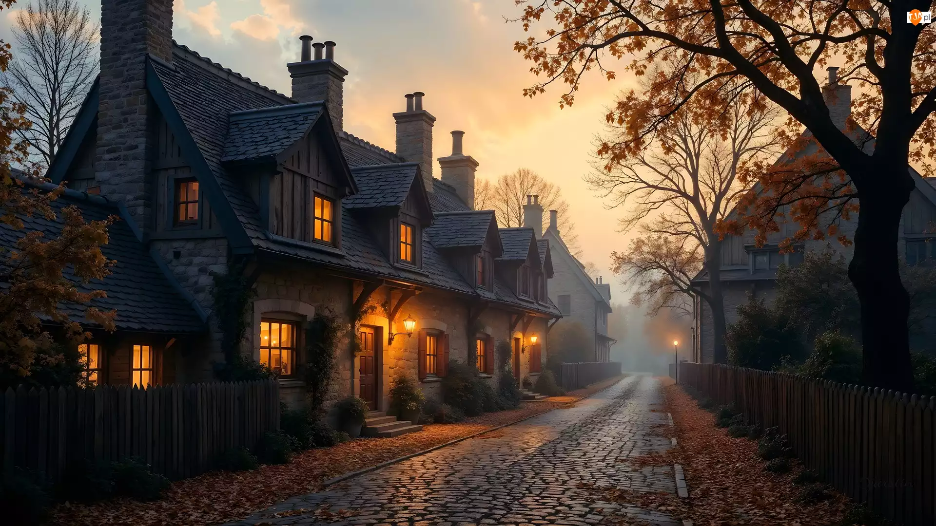 Mgła, Grafika AI, Domy, Droga, Jesień