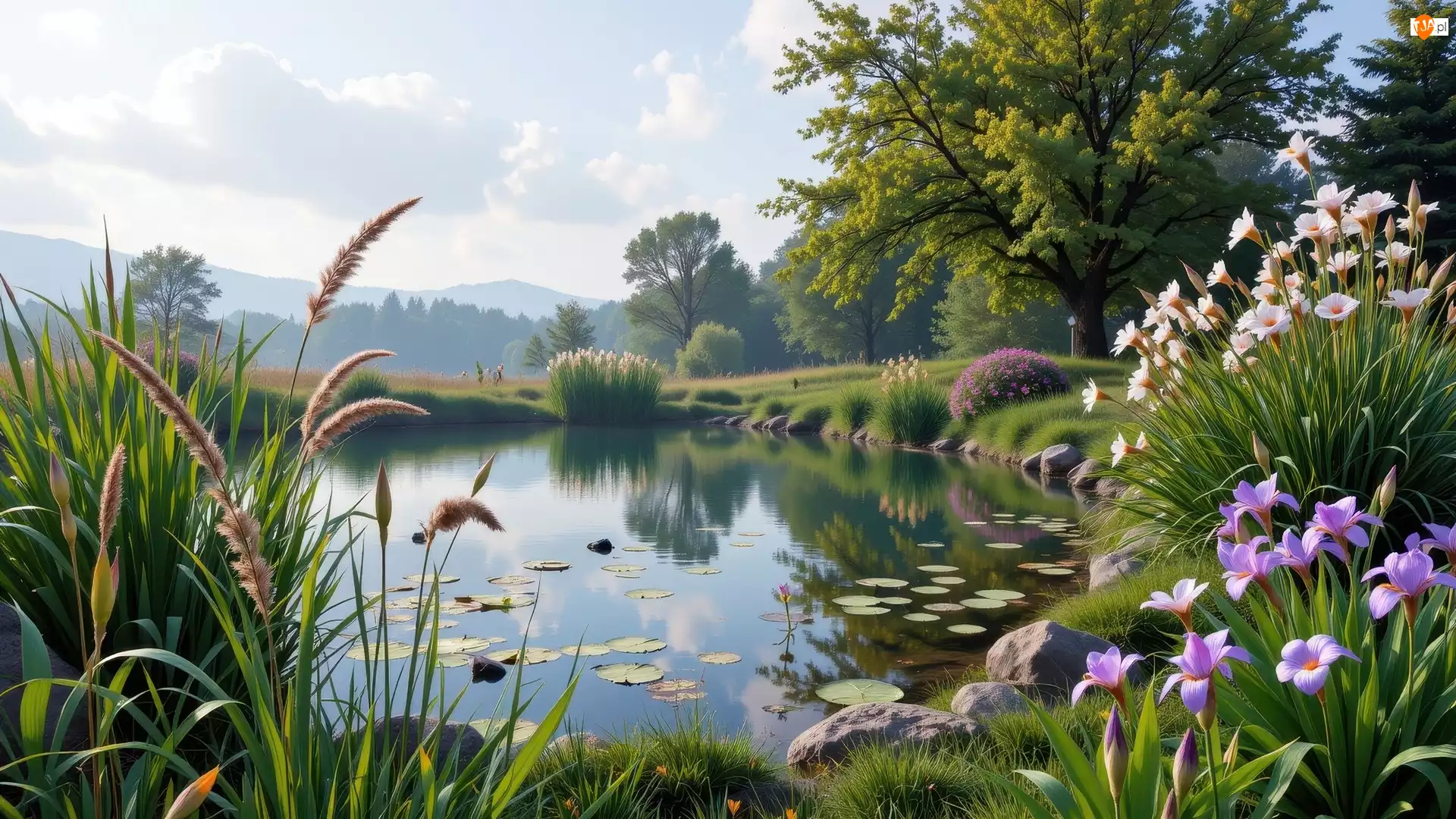 Trawy, Staw, Kwiaty, Drzewa, Białe, Kwitnące, Góry, Fioletowe