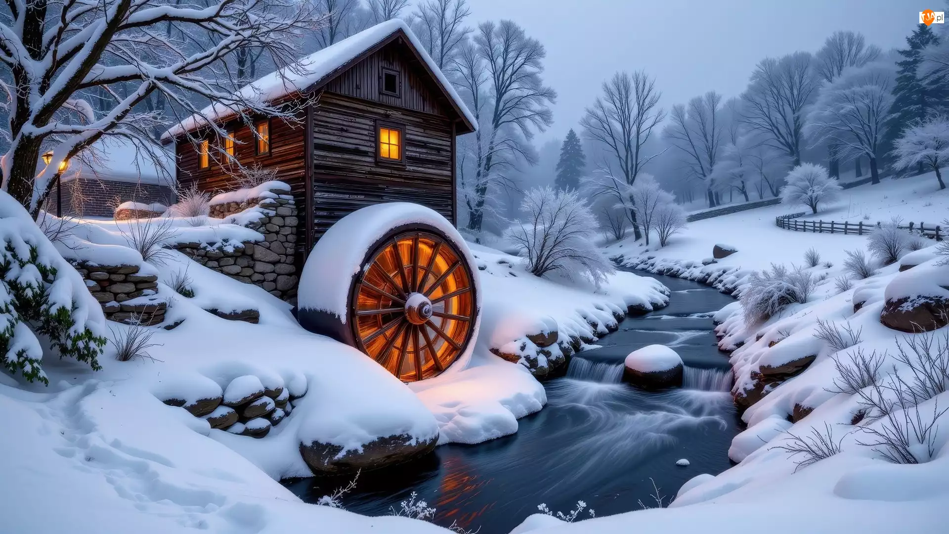 Rzeka, Drzewa, Młyn wodny, Zima, Ośnieżone