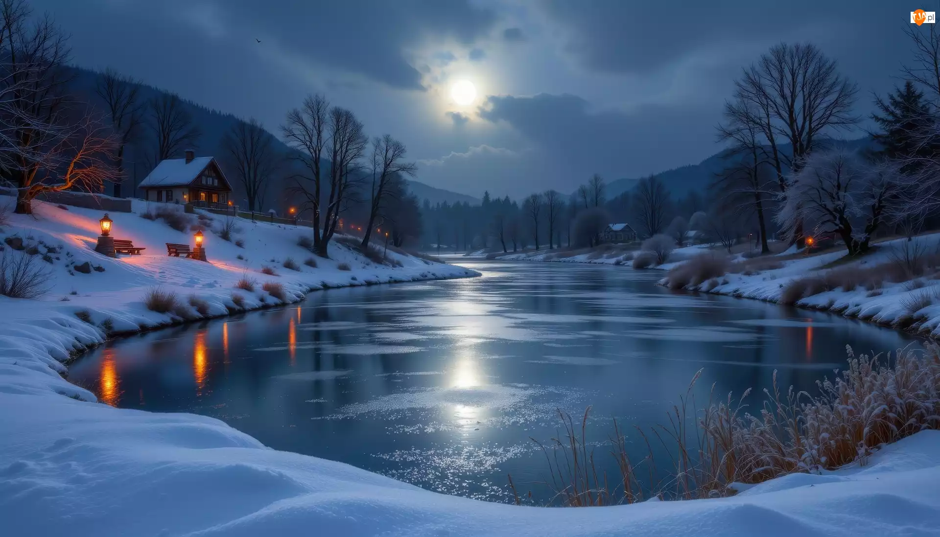 Noc, Jezioro, Księżyc, Śnieg, Drzewa, Las, Dom, Zima, Lampy