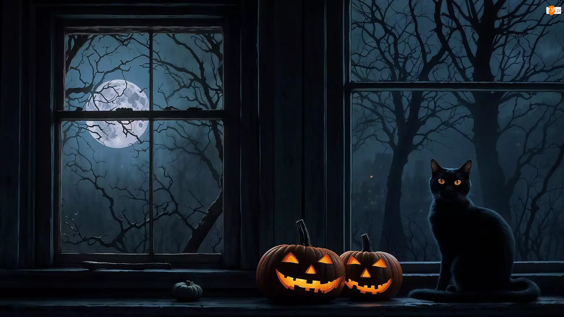 Dynie, Okno, Kot, Halloween, Księżyc
