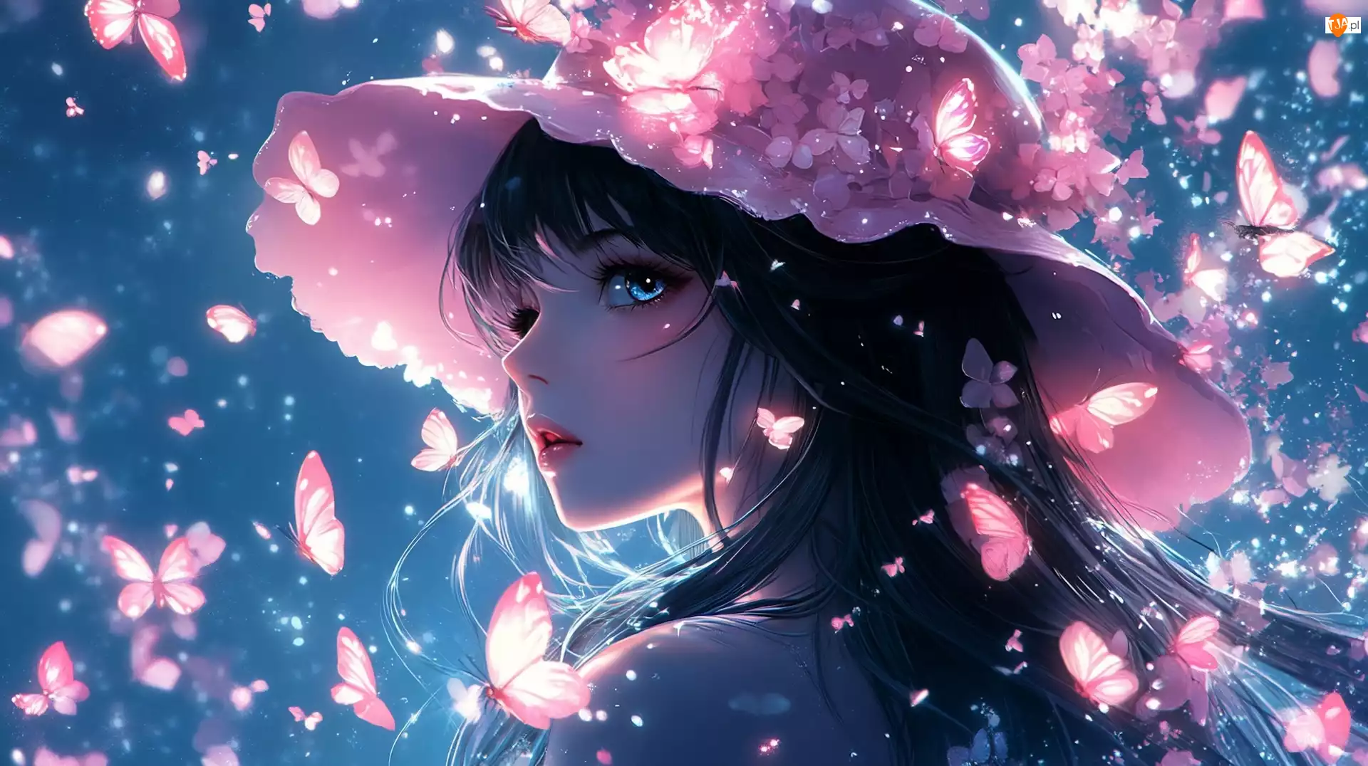 Kapelusz, Motyle, Różowy, Dziewczyna, Anime
