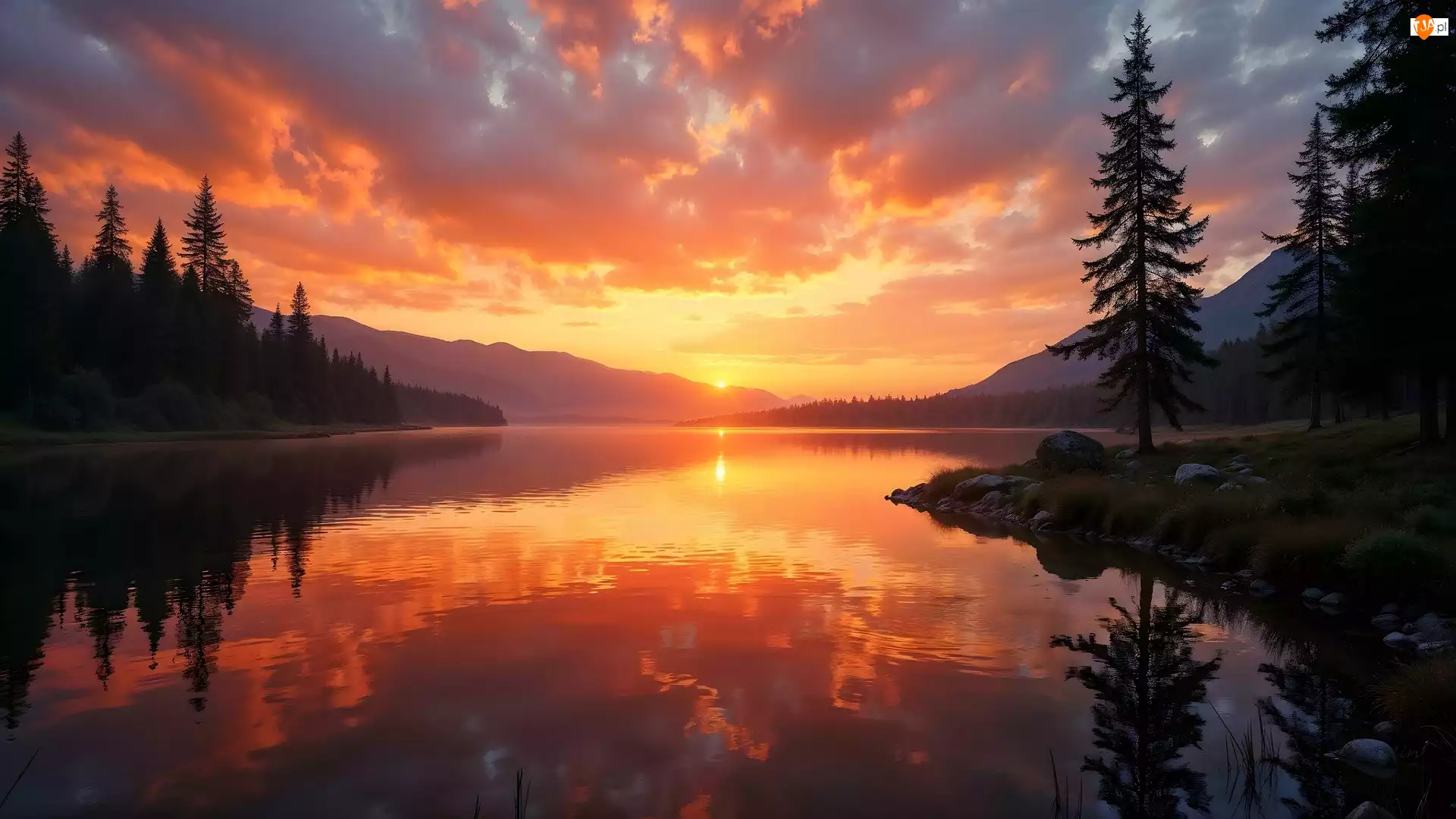 Góry, Grafika AI, Drzewa, Jezioro, Zachód słońca