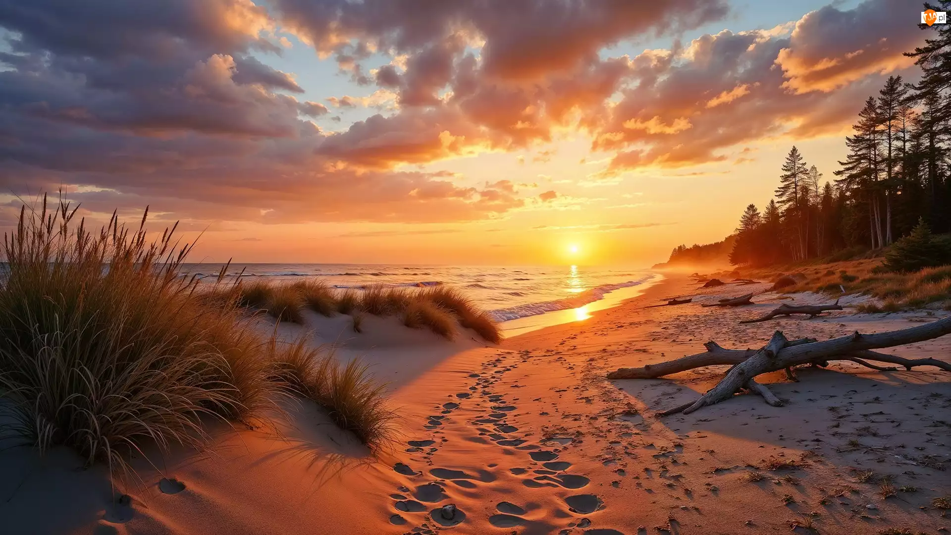 Morze, Grafika AI, Wydmy, Plaża, Zachód słońca