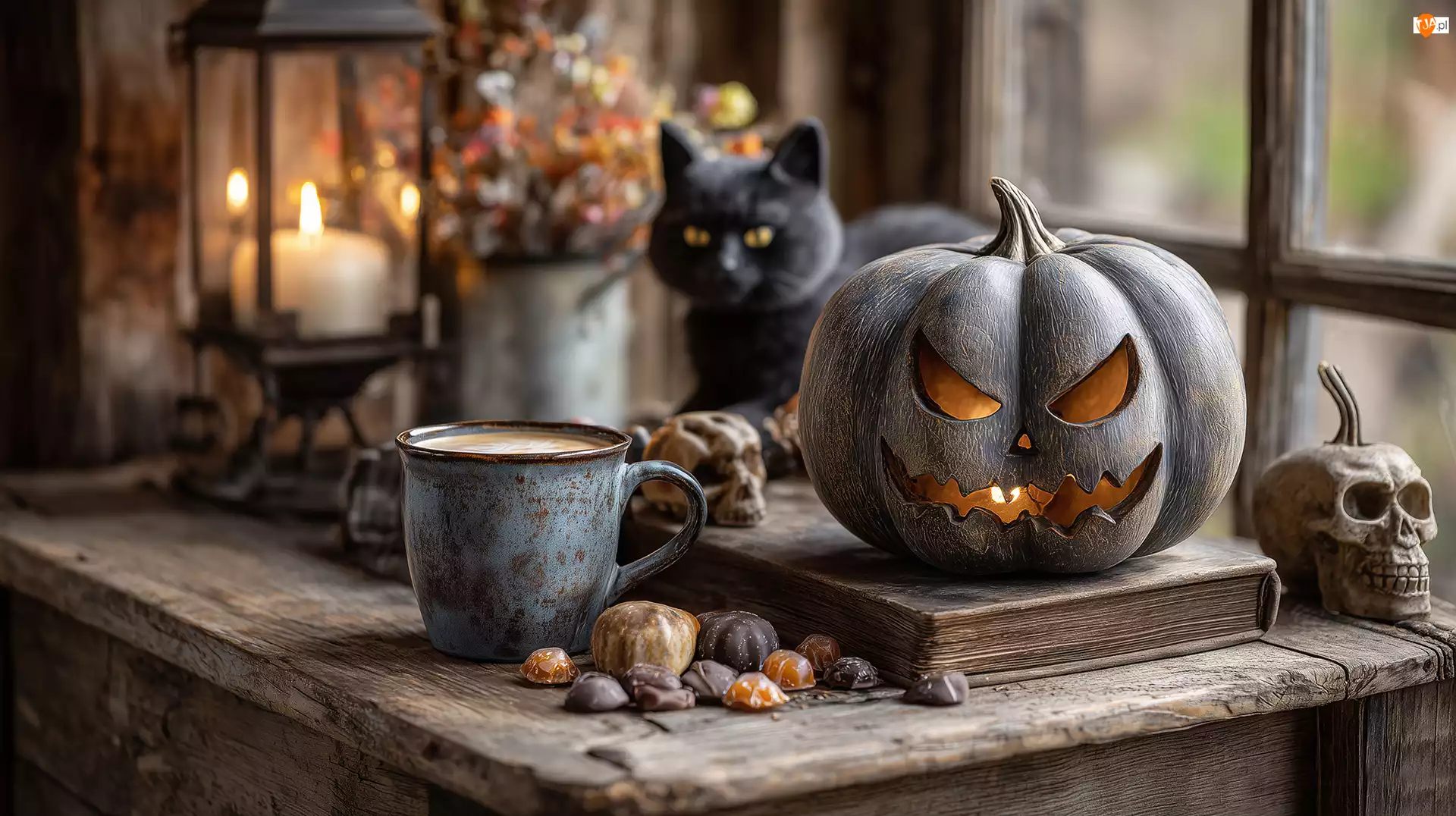 Kubek, Dynia, Cukierki, Grafika AI, Czaszka, Halloween