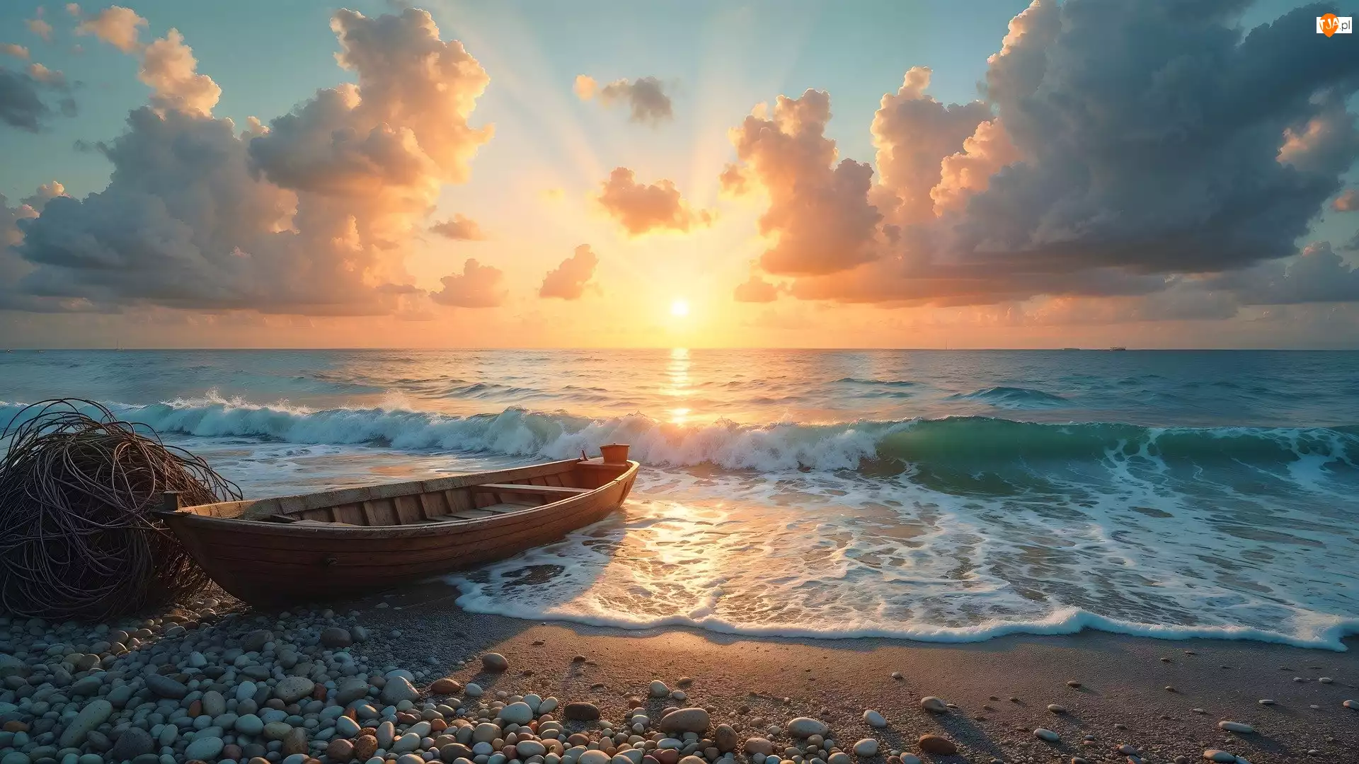Plaża, Zachód słońca, Łódka, Morze, Fale