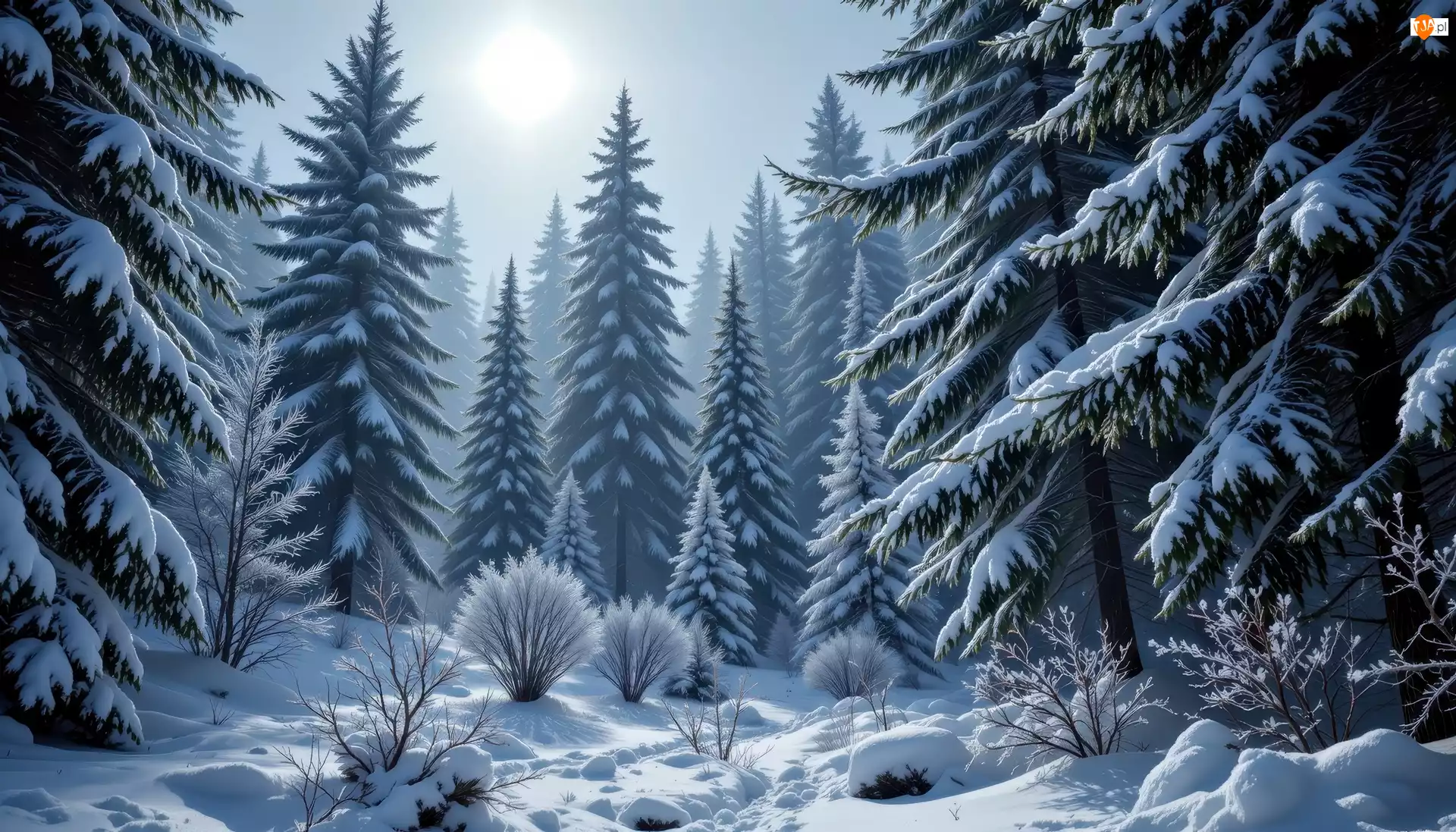 Drzewa, Grafika AI, Krzewy, Las, Zima