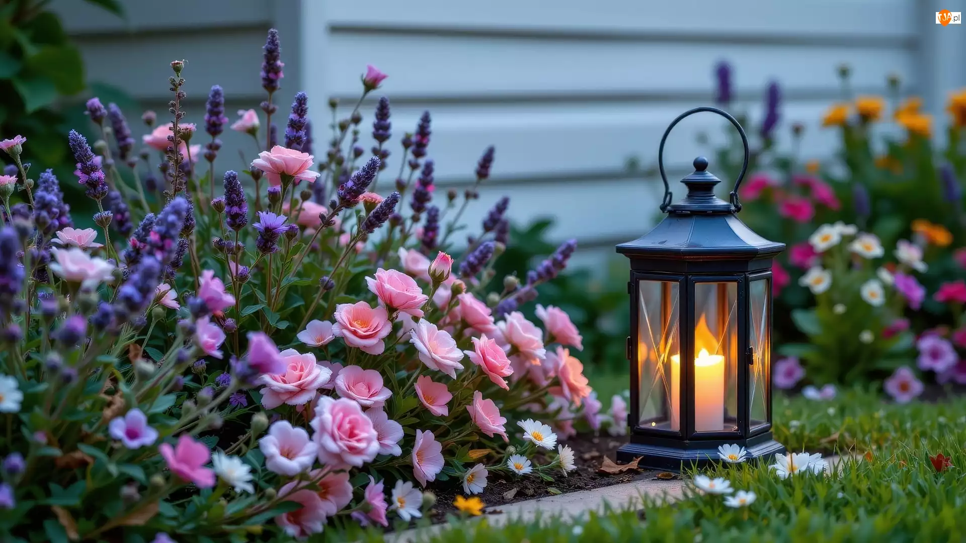 Różowe, Kwiaty, Świeca, Lampion, Fioletowe