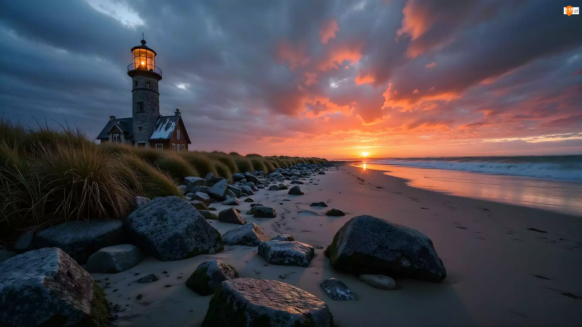 Latarnia morska, Grafika AI, Morze, Plaża, Zachód słońca