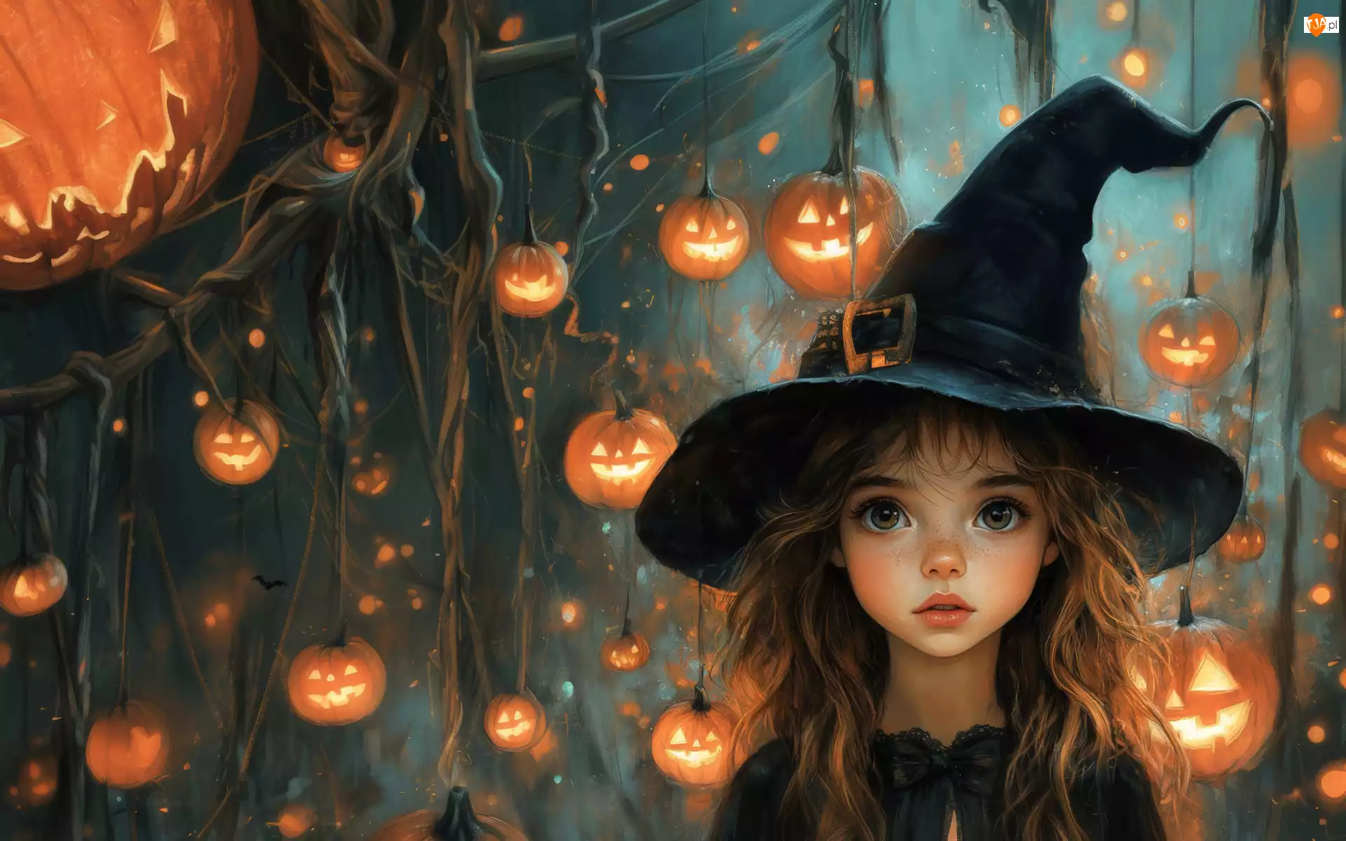 Czapka, AI, Dziewczynka, Halloween, Dynie