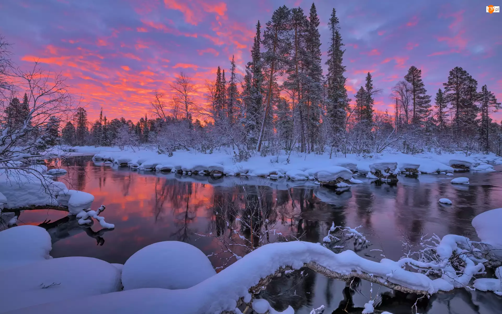 Półwysep Kolski, Rosja, Rzeka, Zachód słońca, Zima, Drzewa