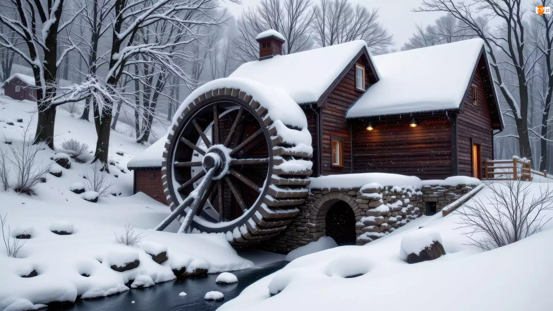 Śnieg, Młyn, Drzewa, Zima, Rzeka, Koło, Wodny