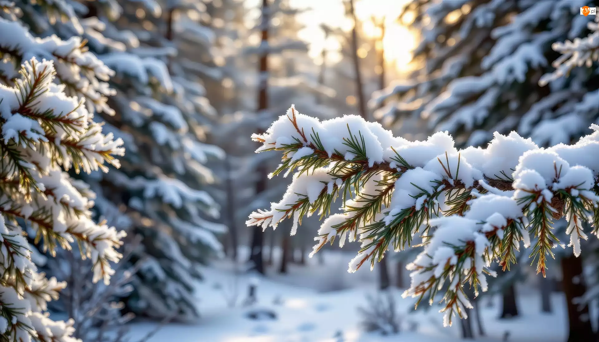 Słoneczne, Zima, Ośnieżone, Światło, Drzewa, Gałązki, Grafika AI, Las