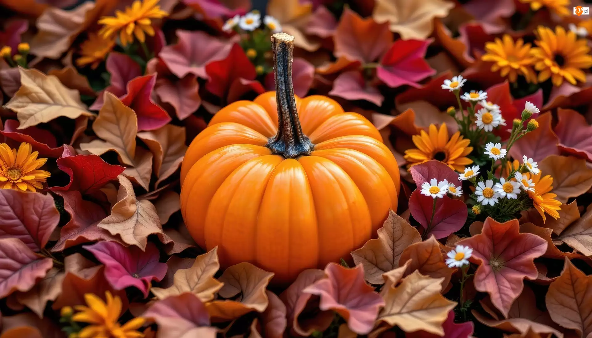 Jesienne, AI, Liście, Dynia, Kwiaty