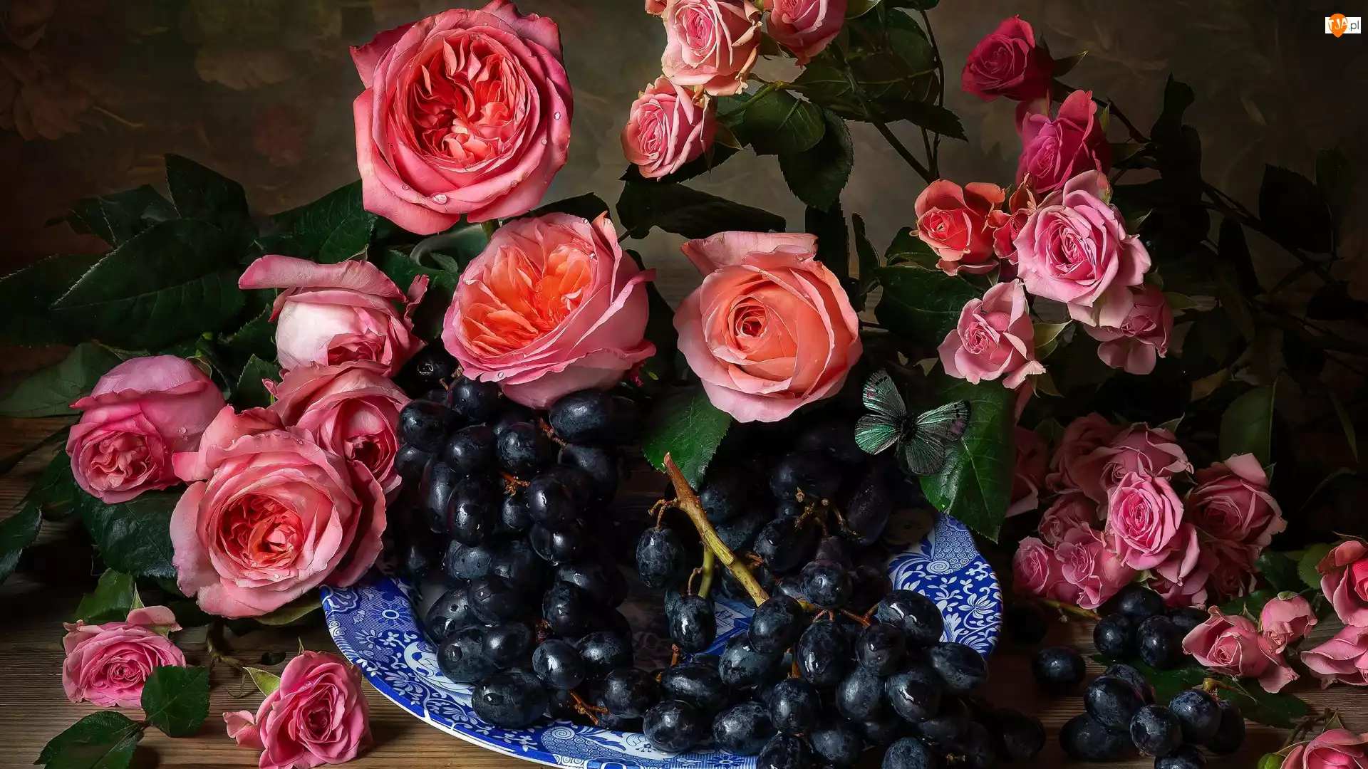 Talerz, Winogrona, Róże, Różowe, Czarne