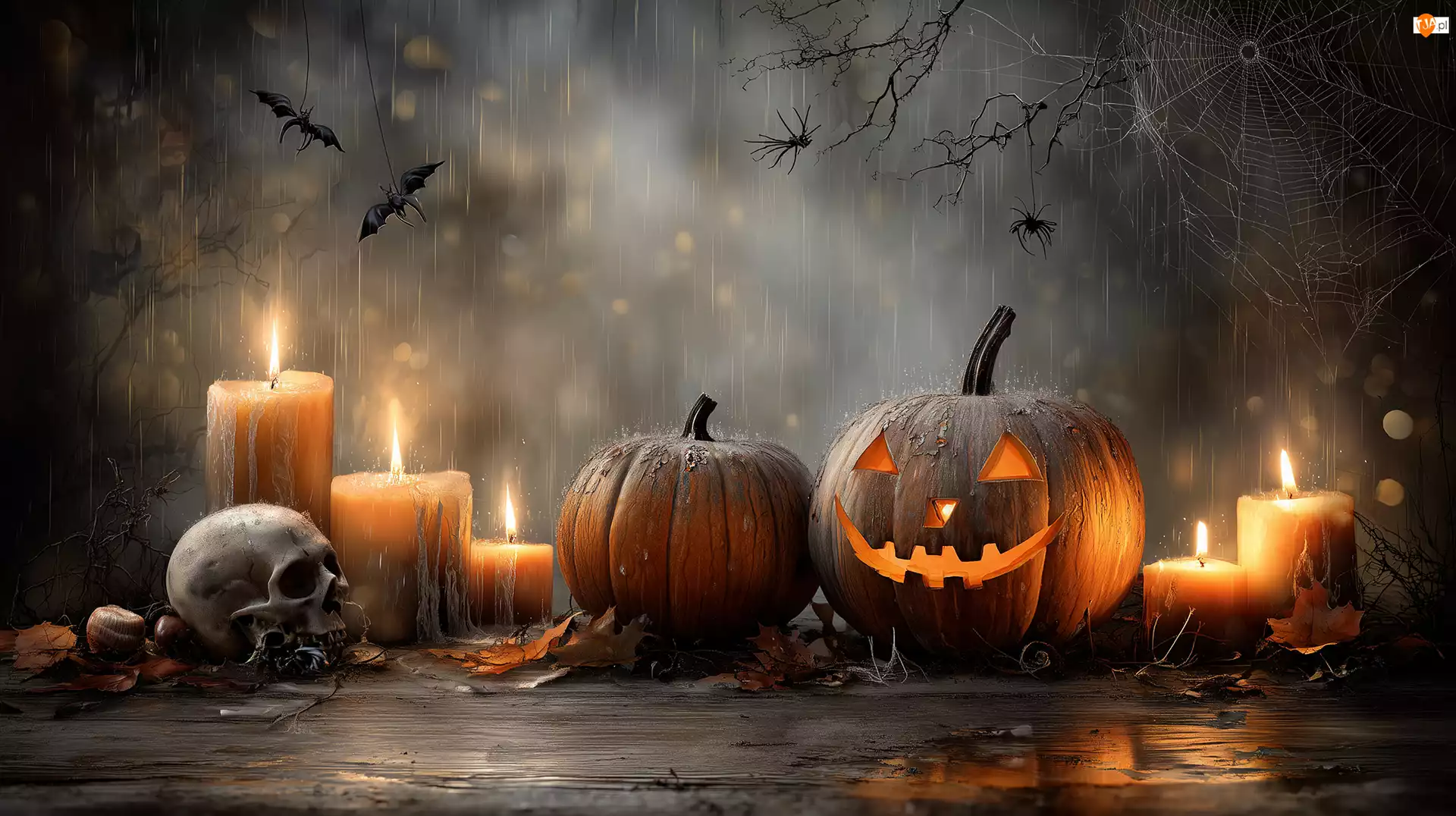 Dynie, Halloween, Świece, Grafika AI, Czaszka, Deszcz