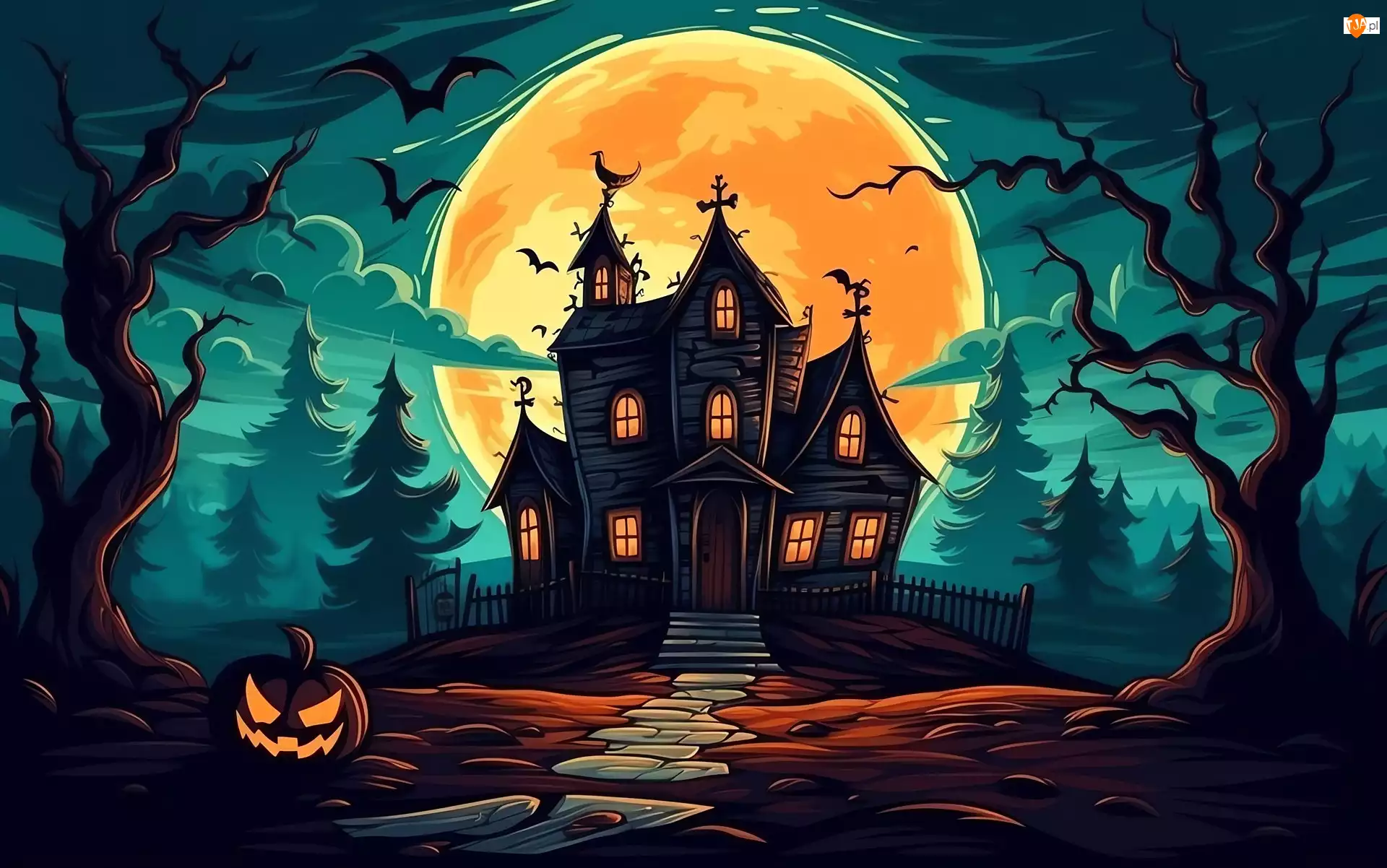 Dynia, Halloween, Dom, Ptaki, Fantasy, Drzewa, Droga, Księżyc